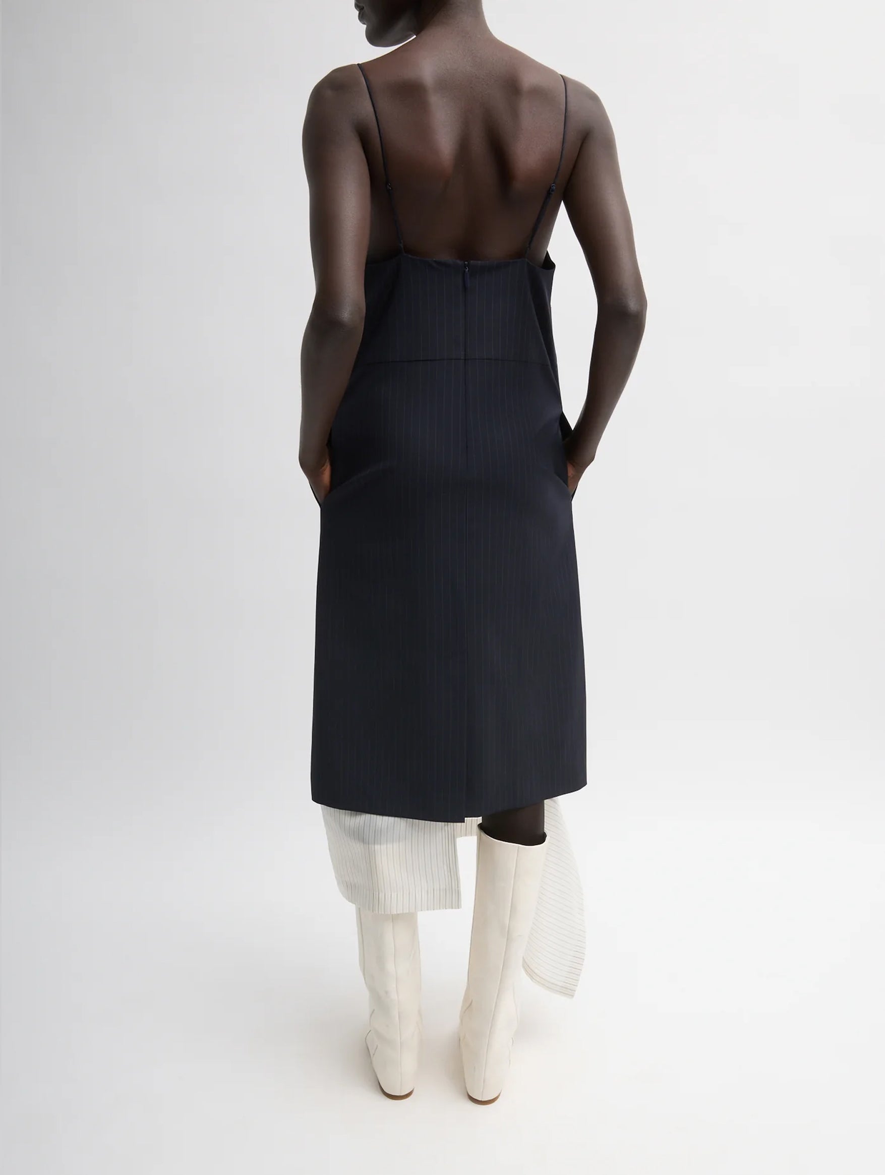 Mier Pinstripe Convertible Slip Dress in Navy