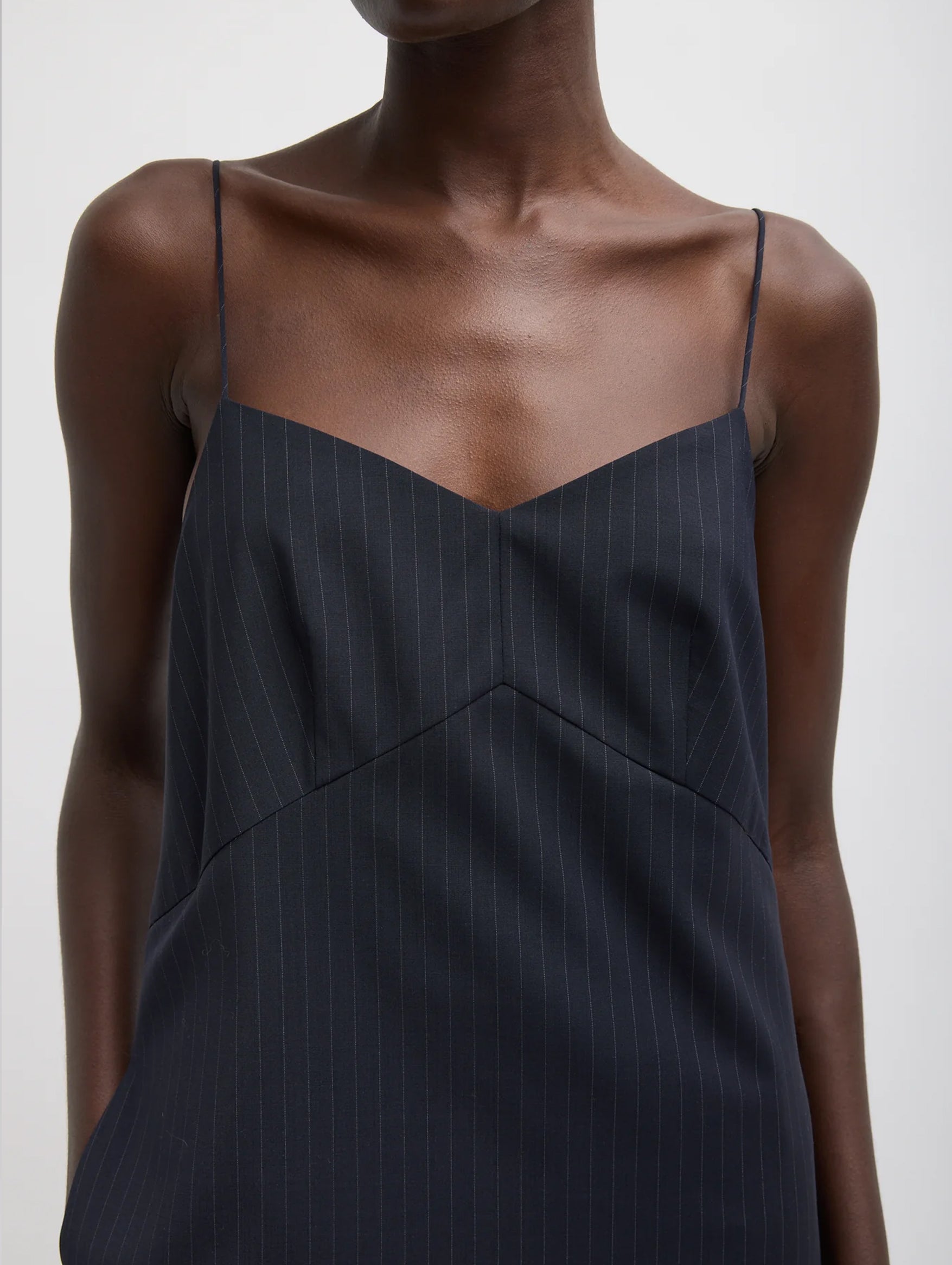 Mier Pinstripe Convertible Slip Dress in Navy