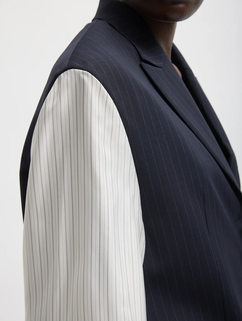 Mier Pinstripe Blazer with Combo Sleeves in Navy