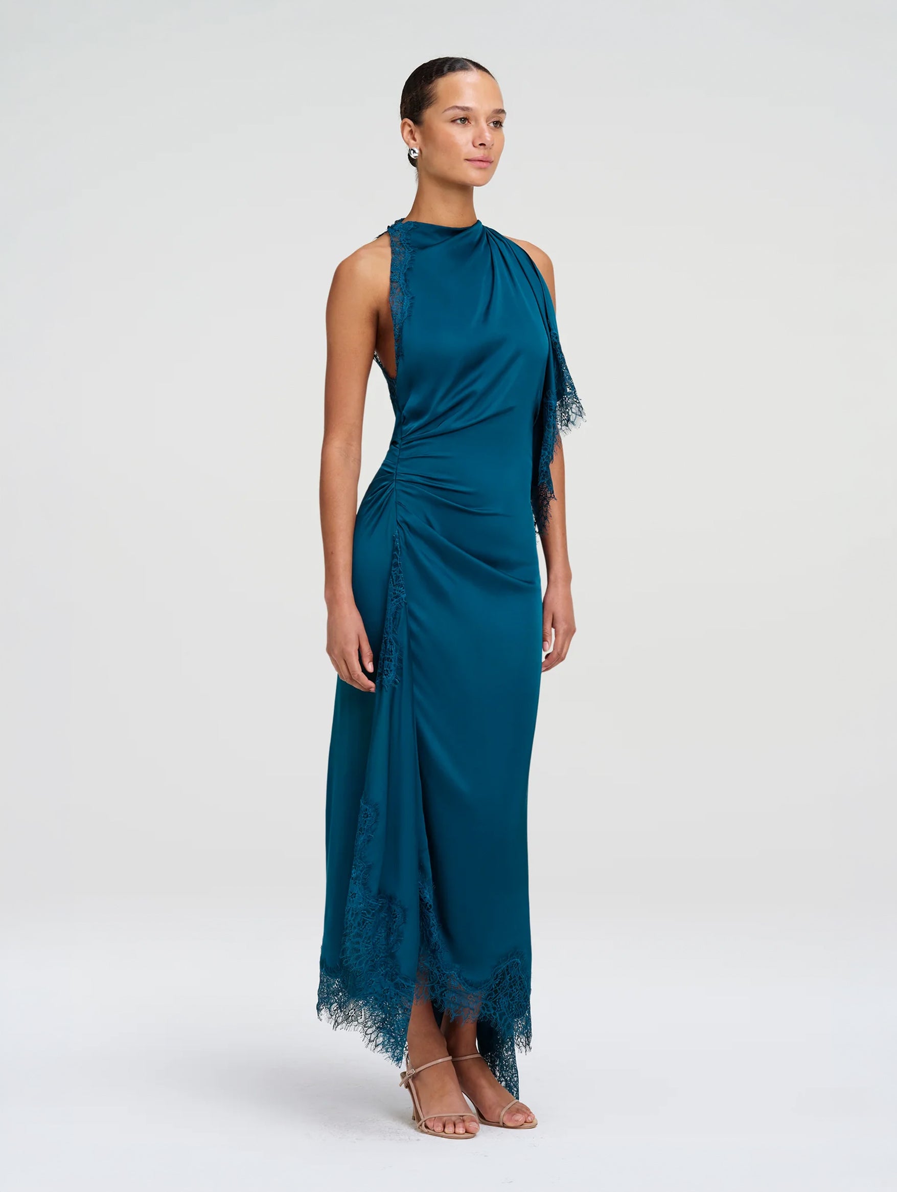 Miriam Satin and Lace Maxi Dress in Light Teal