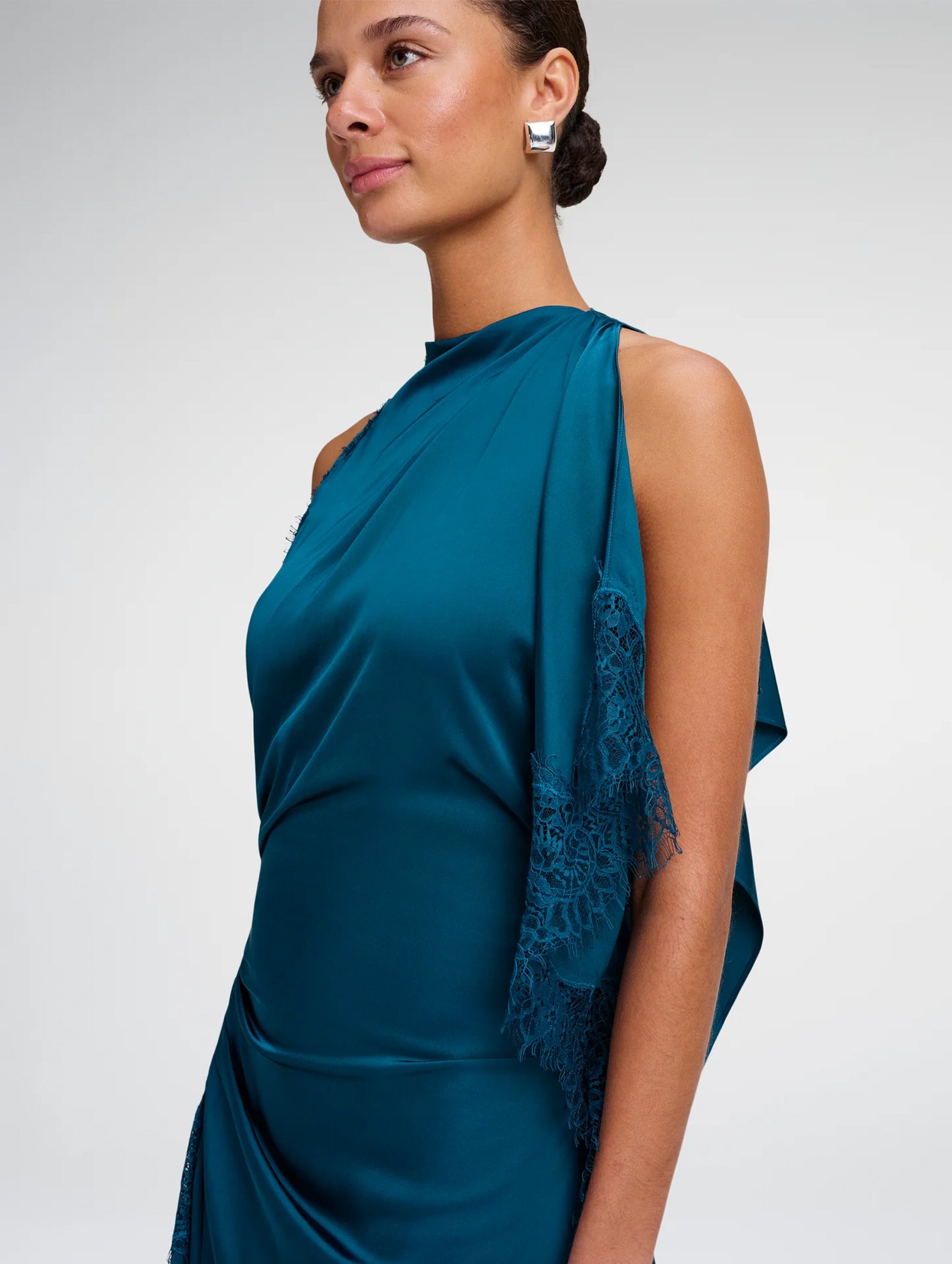 Miriam Satin and Lace Maxi Dress in Light Teal