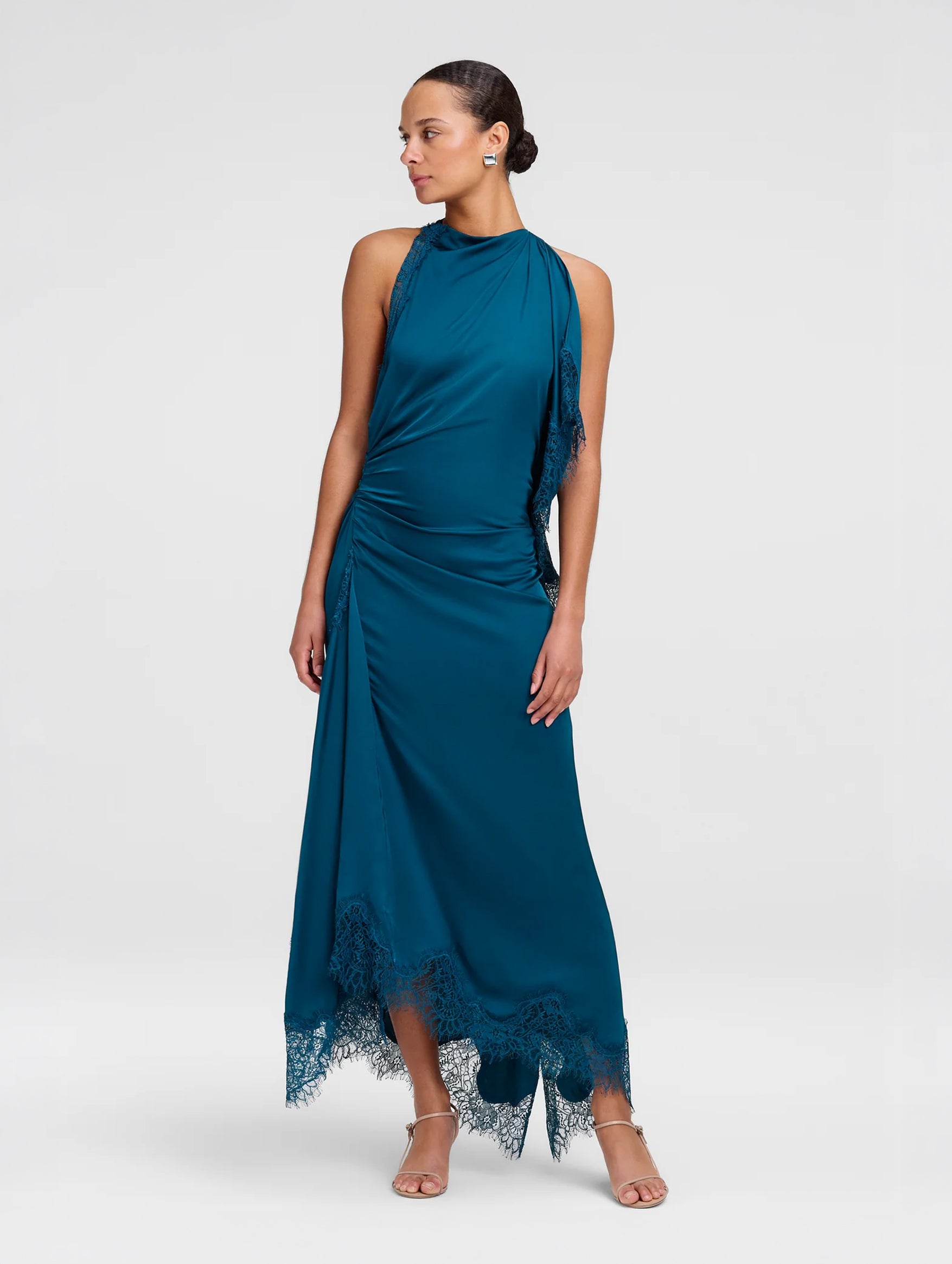 Miriam Satin and Lace Maxi Dress in Light Teal