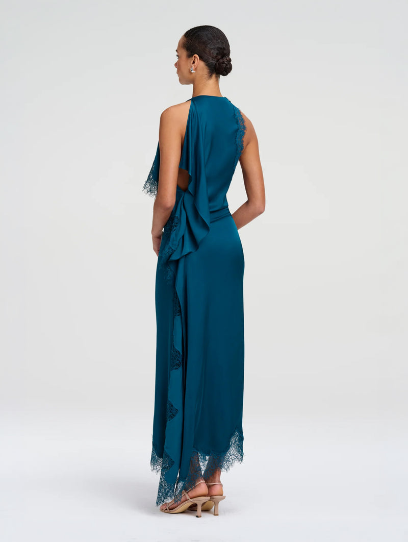 Miriam Satin and Lace Maxi Dress in Light Teal