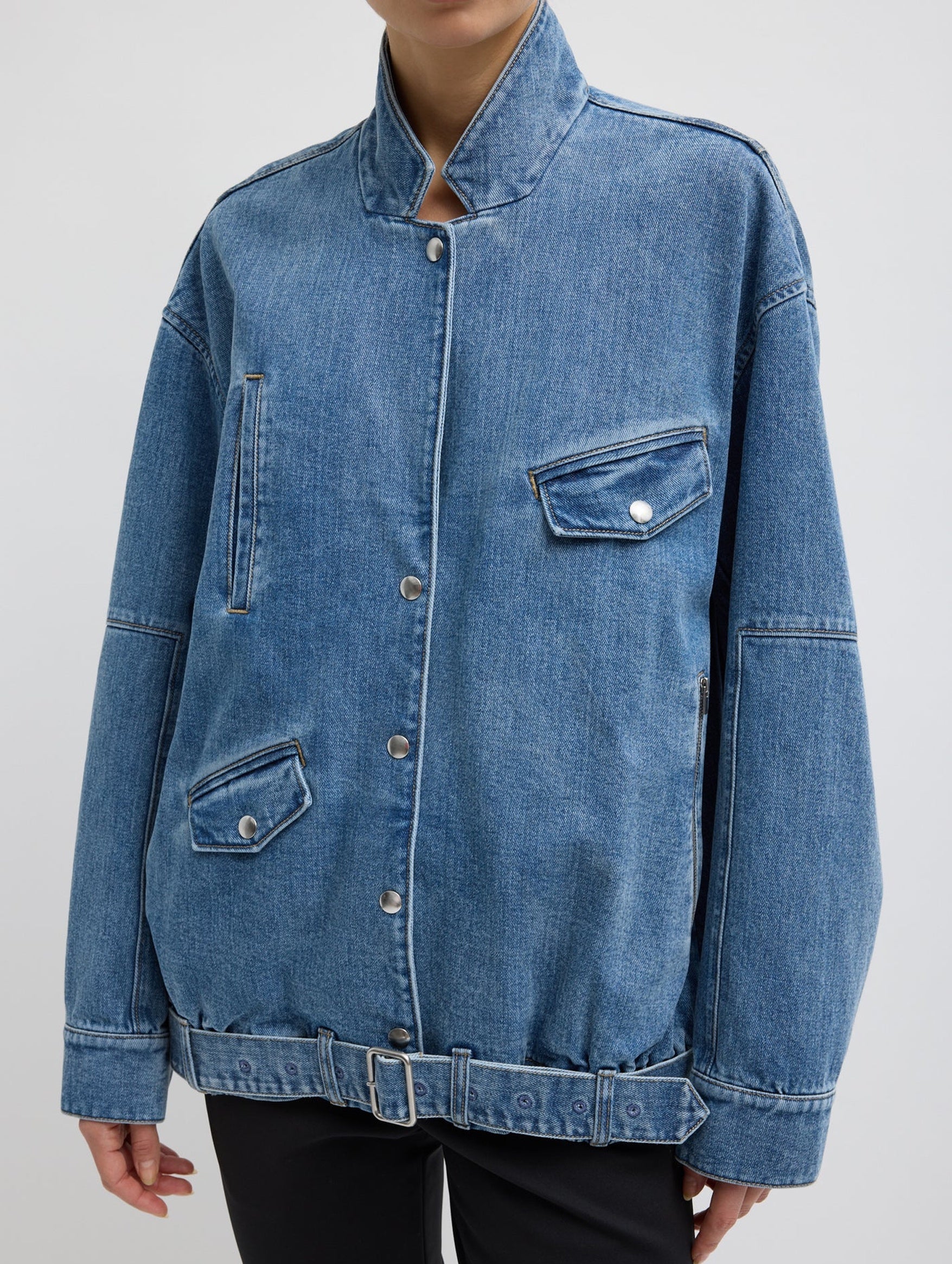 Classic Denim Moto Bomber in Classic Blue