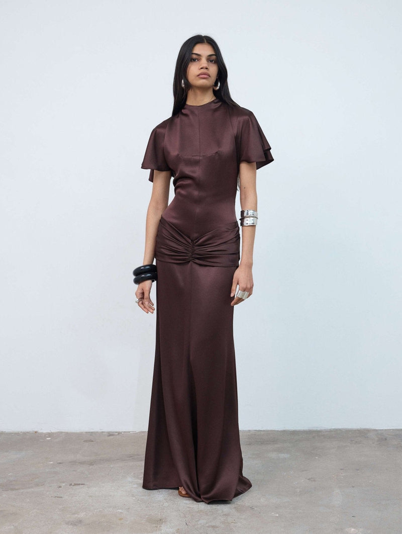 Myra Double Satin Maxi Dress In Brown