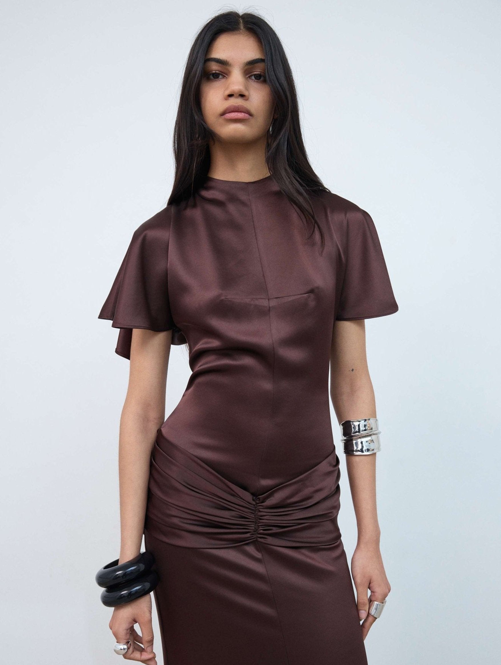 Myra Double Satin Maxi Dress In Brown