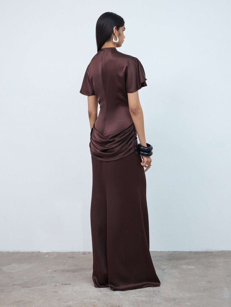 Myra Double Satin Maxi Dress In Brown