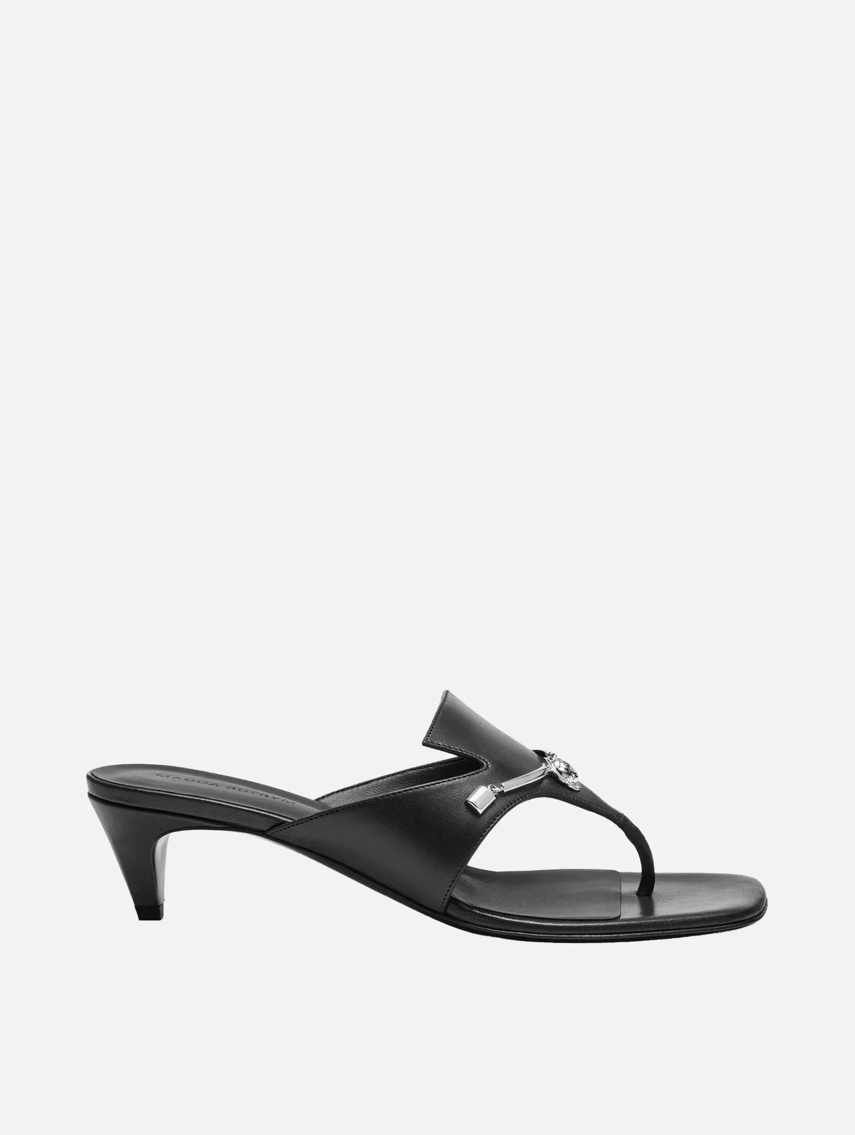 Rose Brooch Thong Sandals in Black Leather