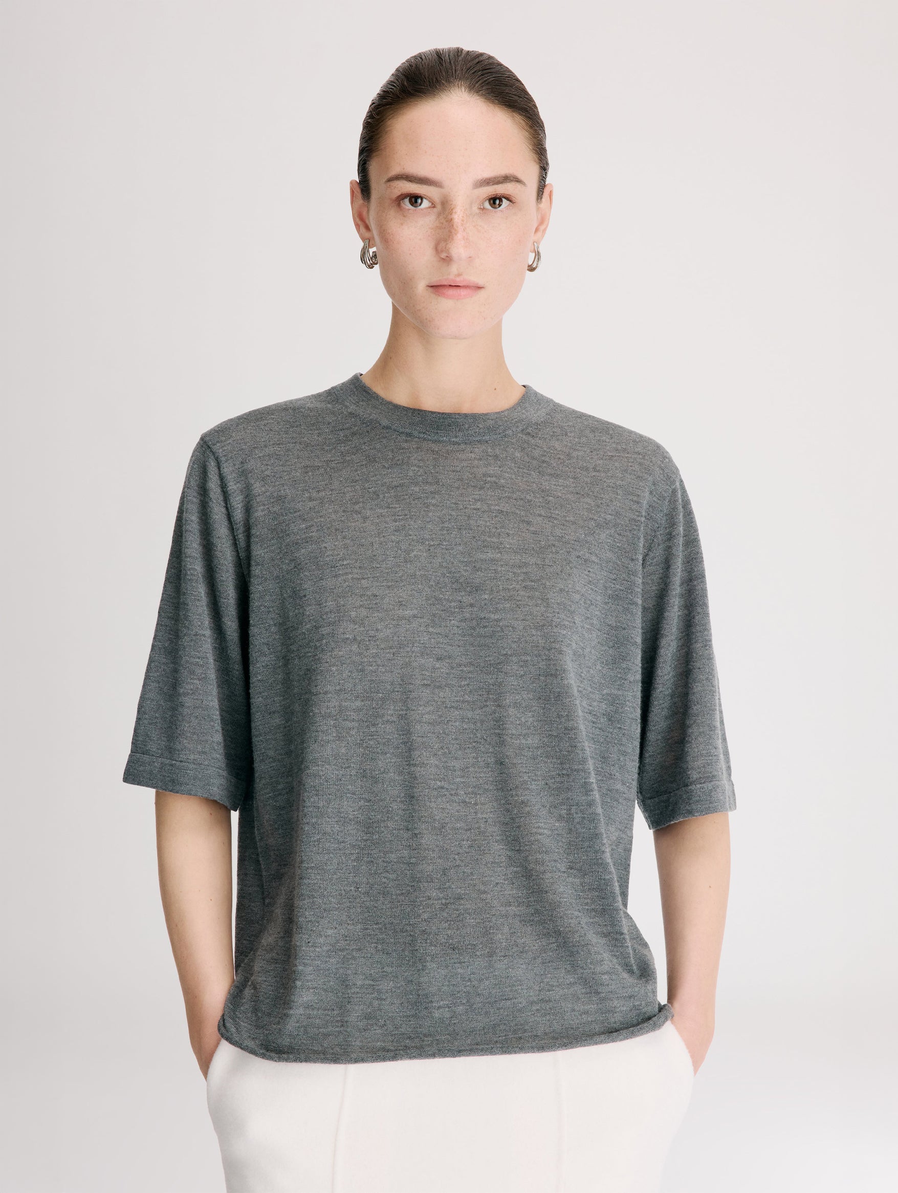 Nala LDS Fine Short Sleeve Top in Anthracite Melange