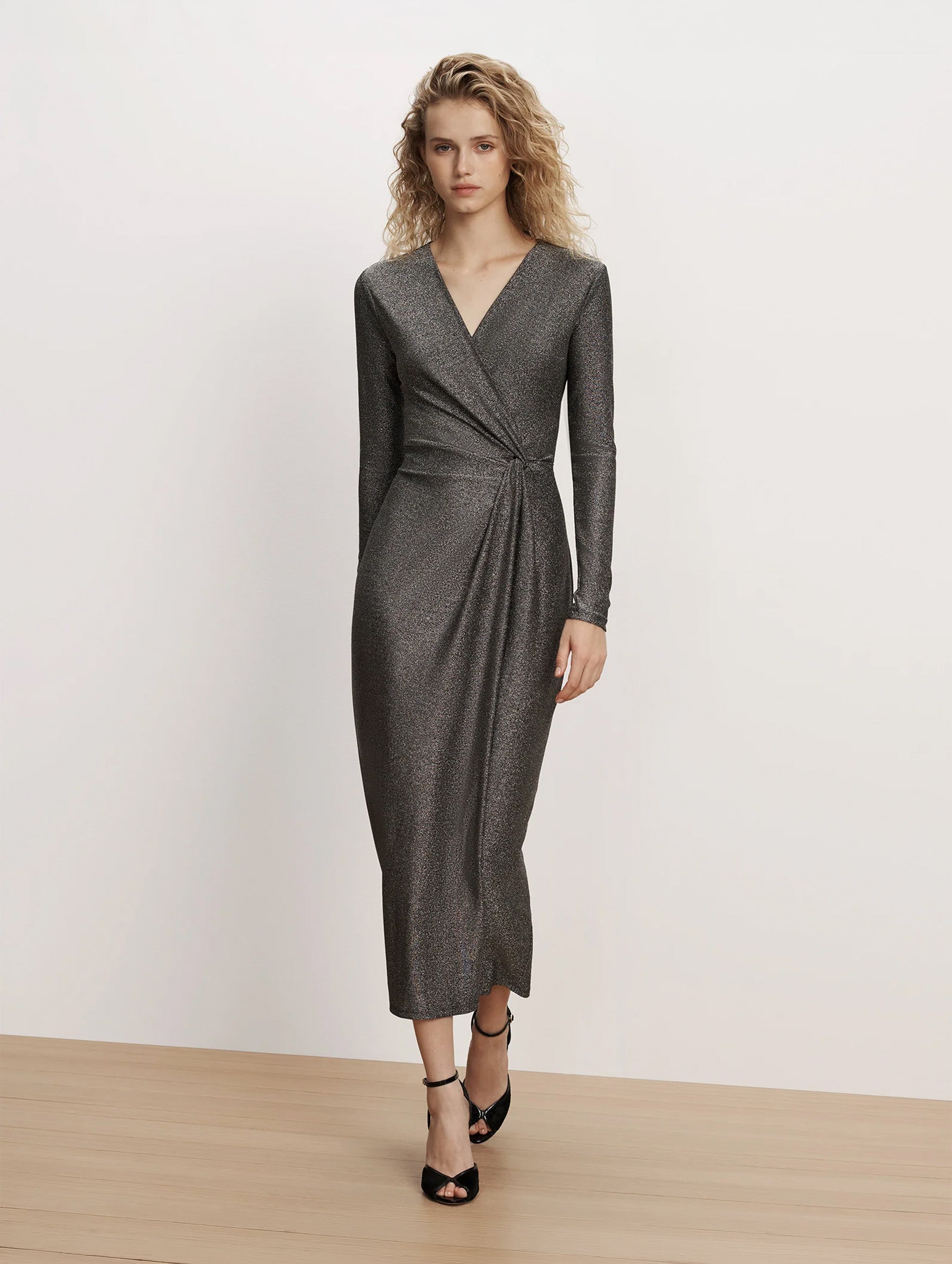 Neomie Metallic Midi Dress in Gunmetal