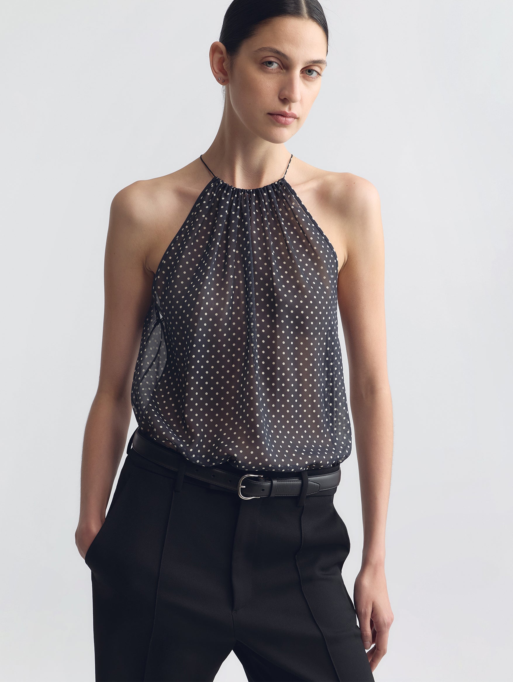 Nikki Halterneck Silk Top in Obsidian Ivory Polka Dot