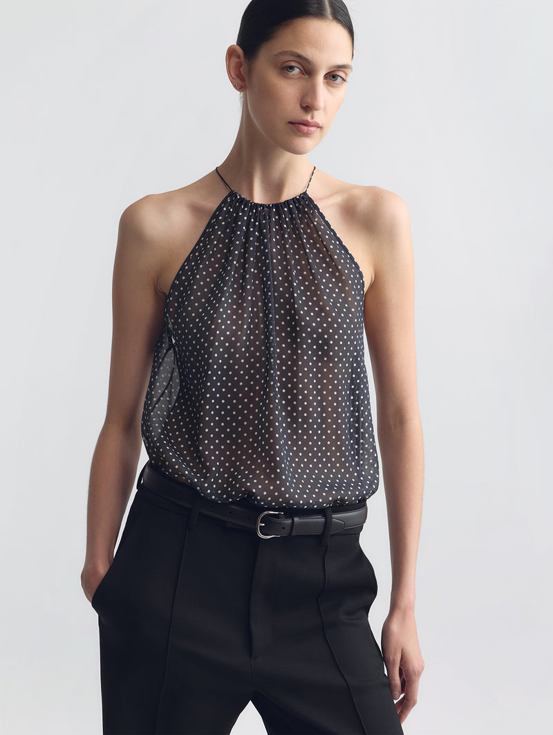 Nikki Halterneck Silk Top in Obsidian Ivory Polka Dot