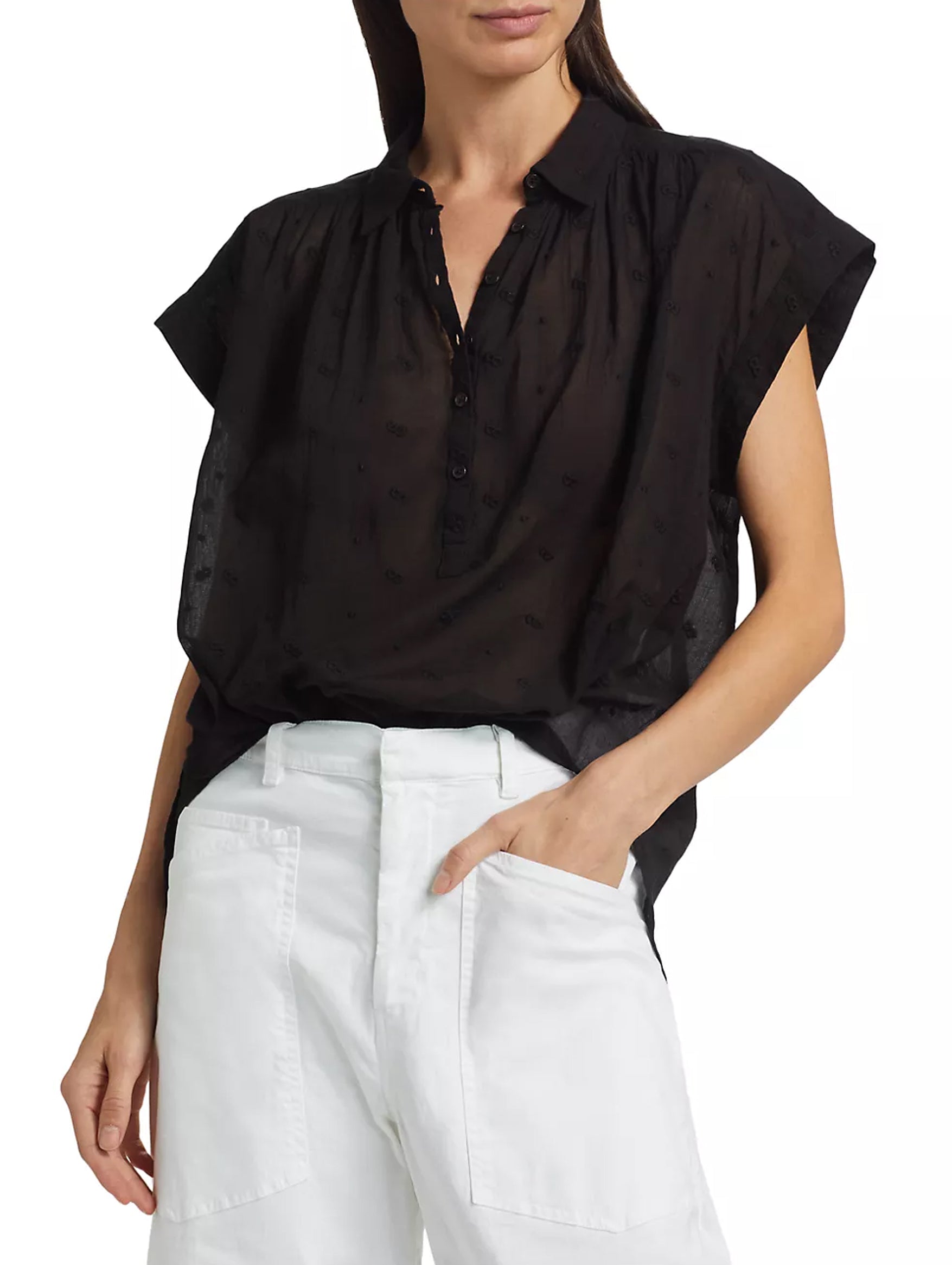 Normandy Embroidered Cotton Blouse in Black
