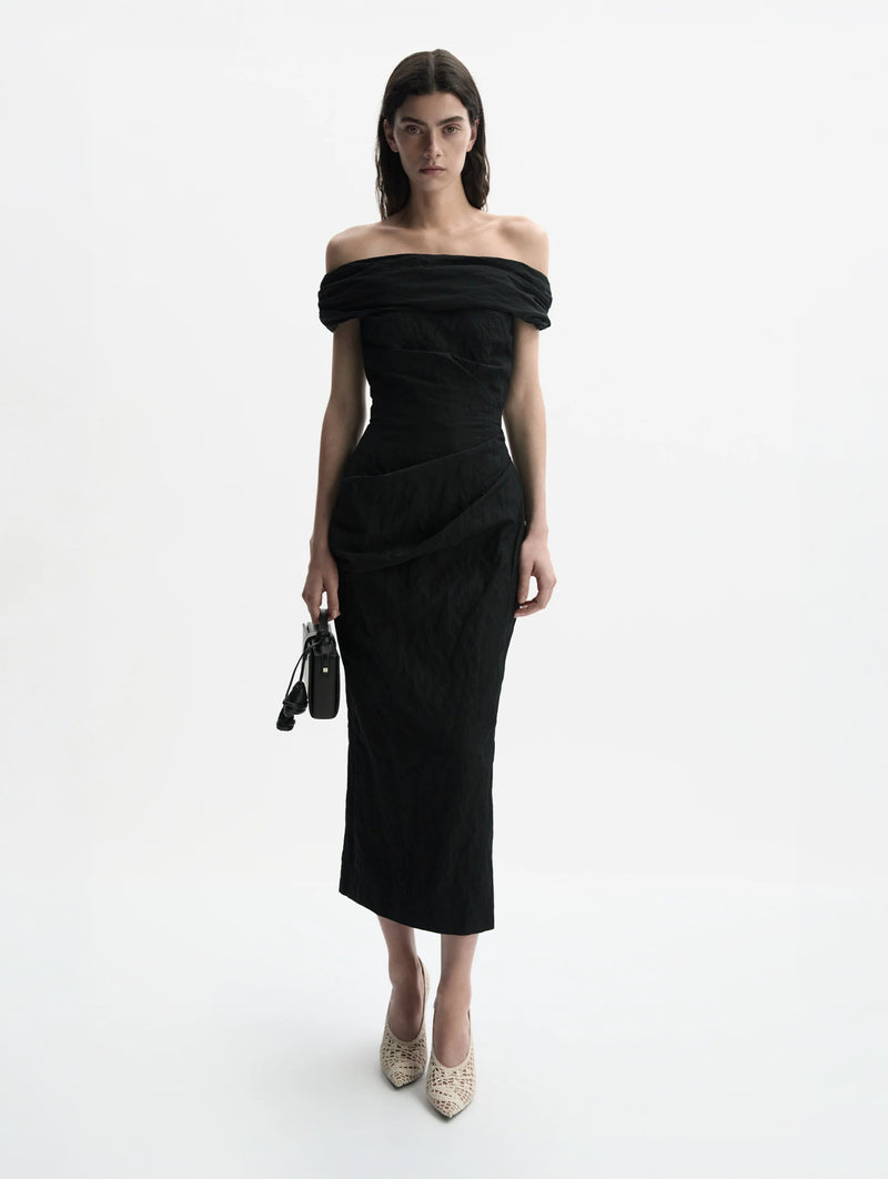 Off-Shoulder Draped Midi Dress In Black