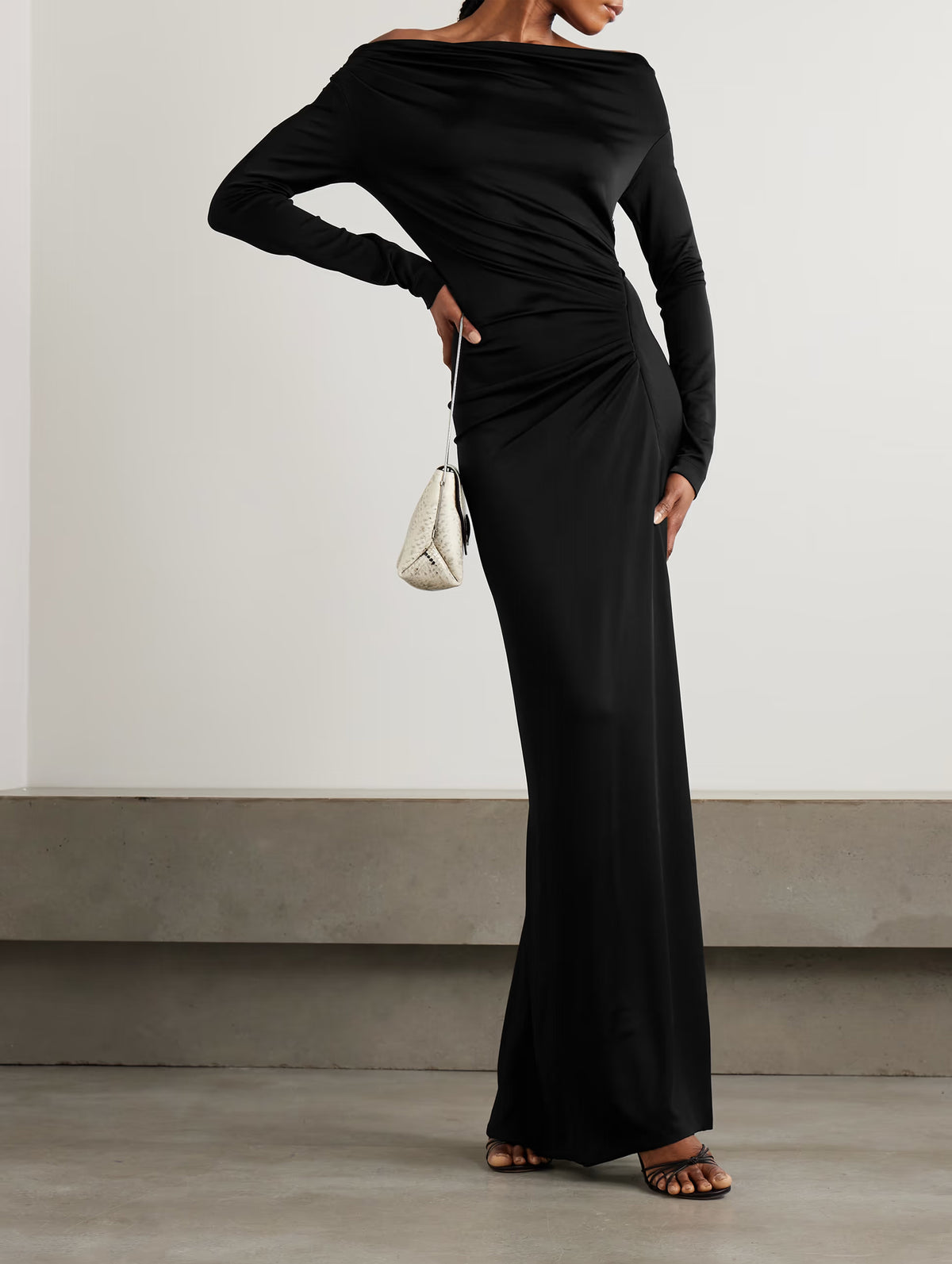 Off Shoulder Draped Gown in Black