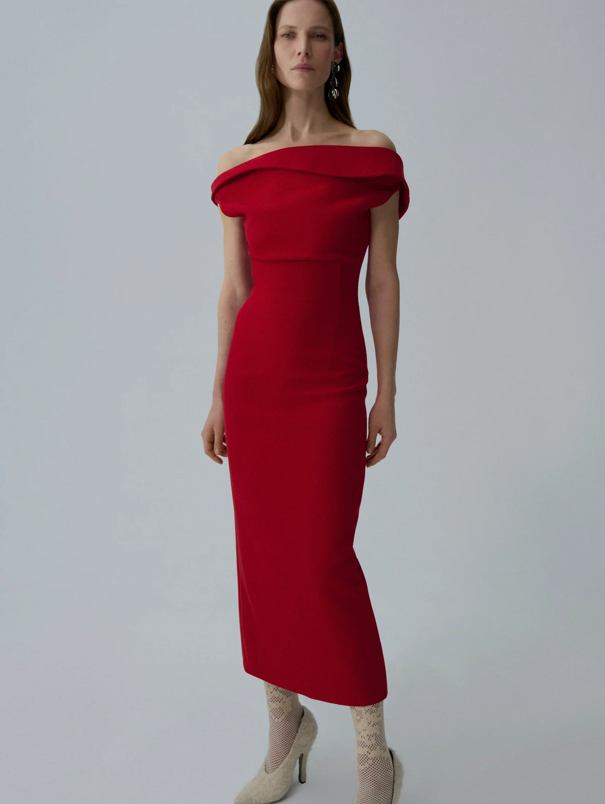 Off Shoulder Midi Dress in Red