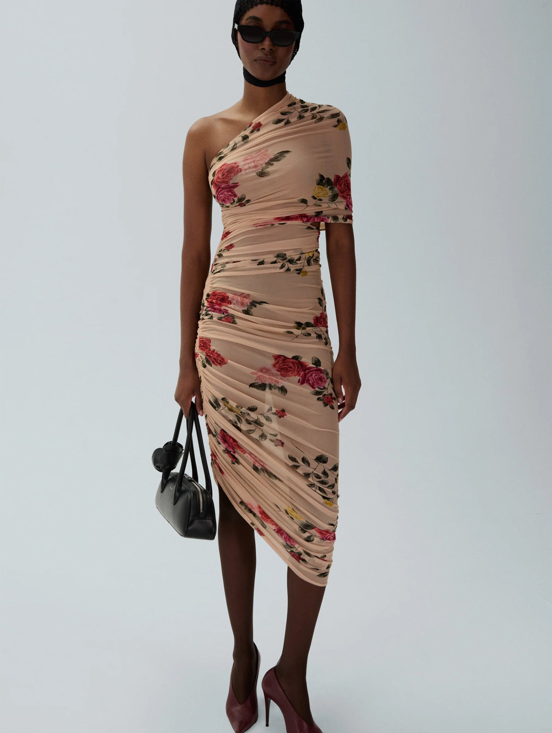 One Shoulder Draped Midi Dress in Beige Print