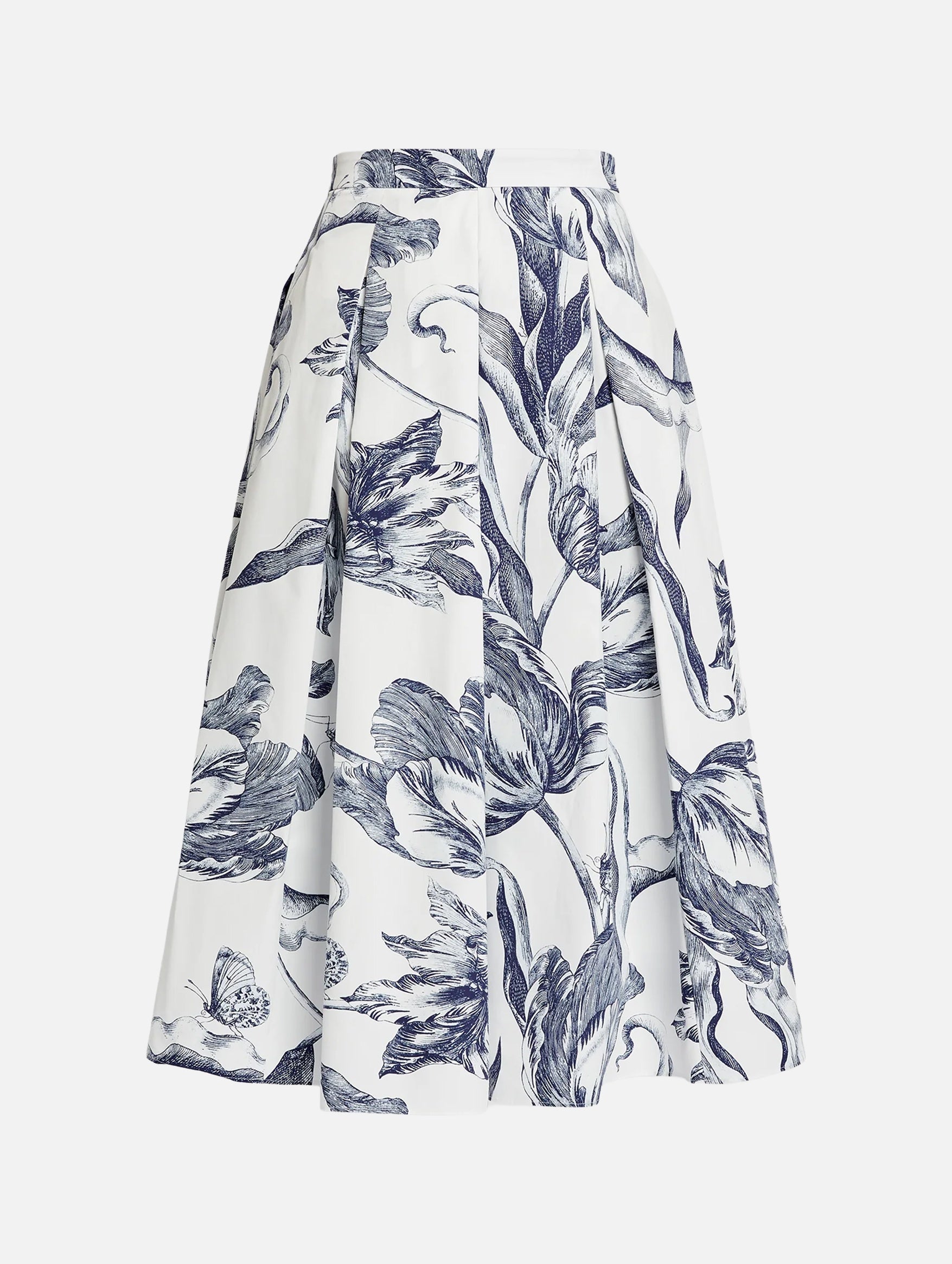 Pleated Midi Skirt in Botanical Engraving Ivory