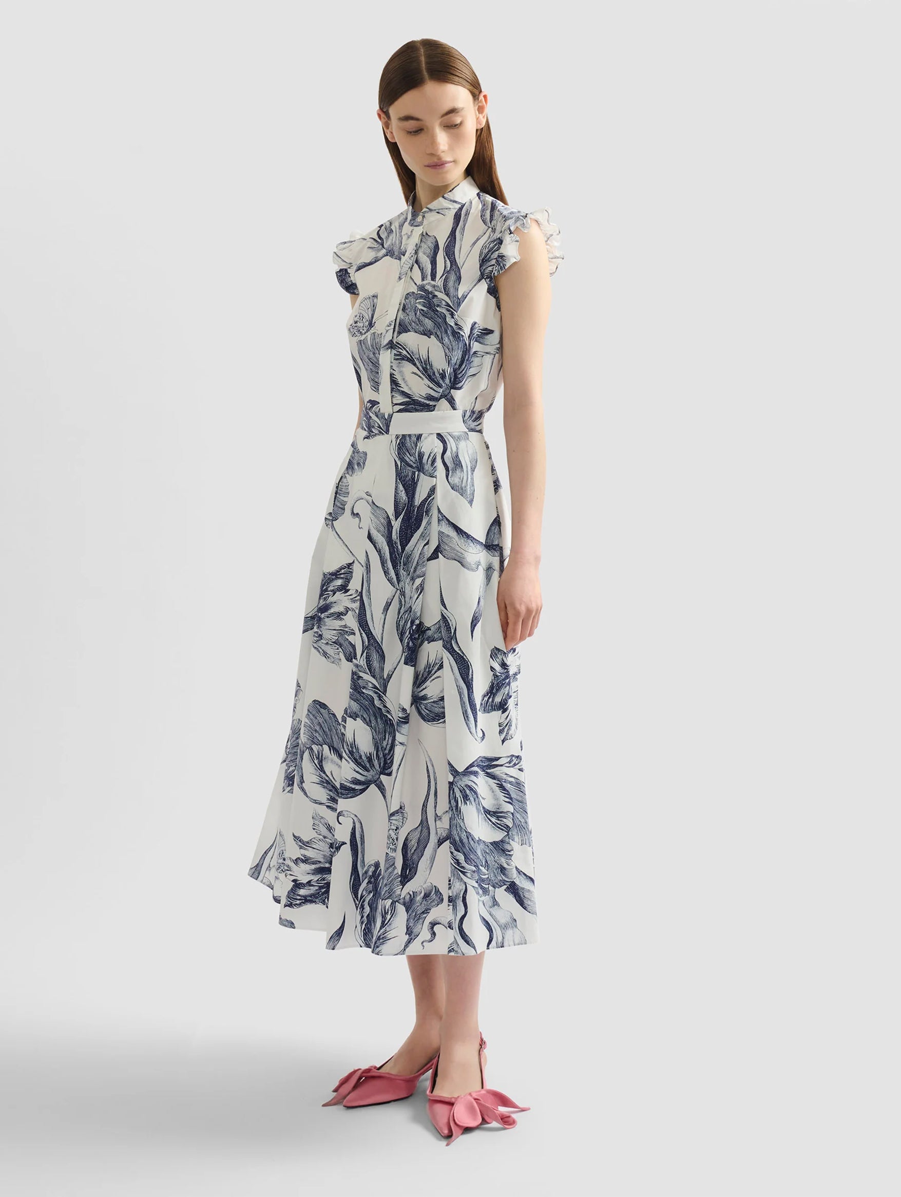 Pleated Midi Skirt in Botanical Engraving Ivory