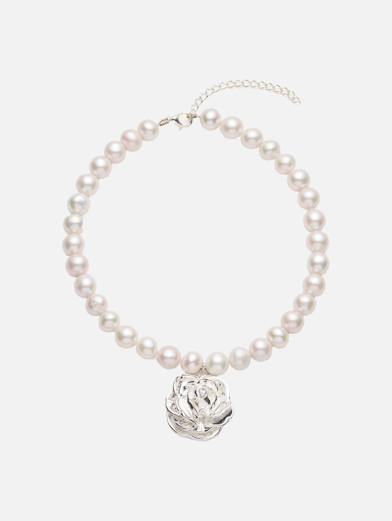 Pearl Necklace with Rose Pendant in Silver