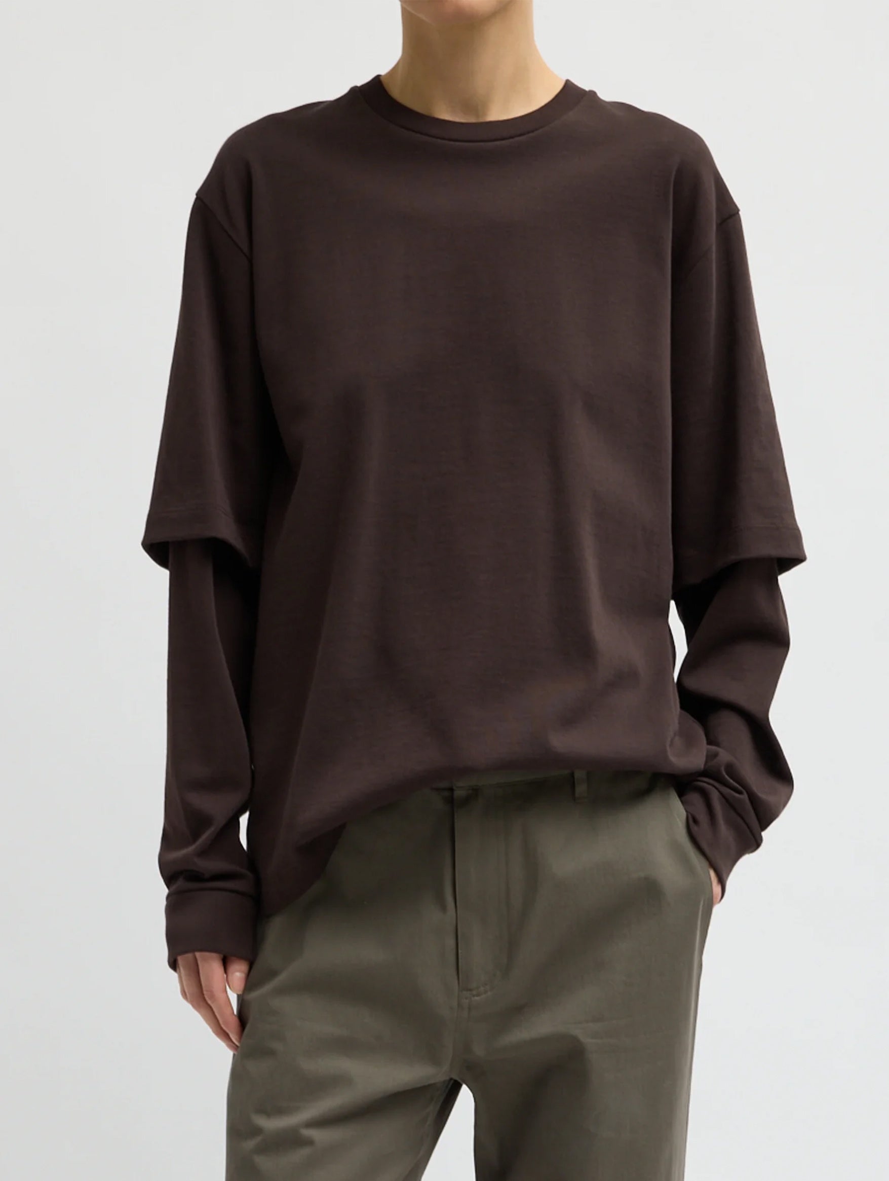 Perfectv T Unisex Double Layer Long Sleeve Tshirt in Brown