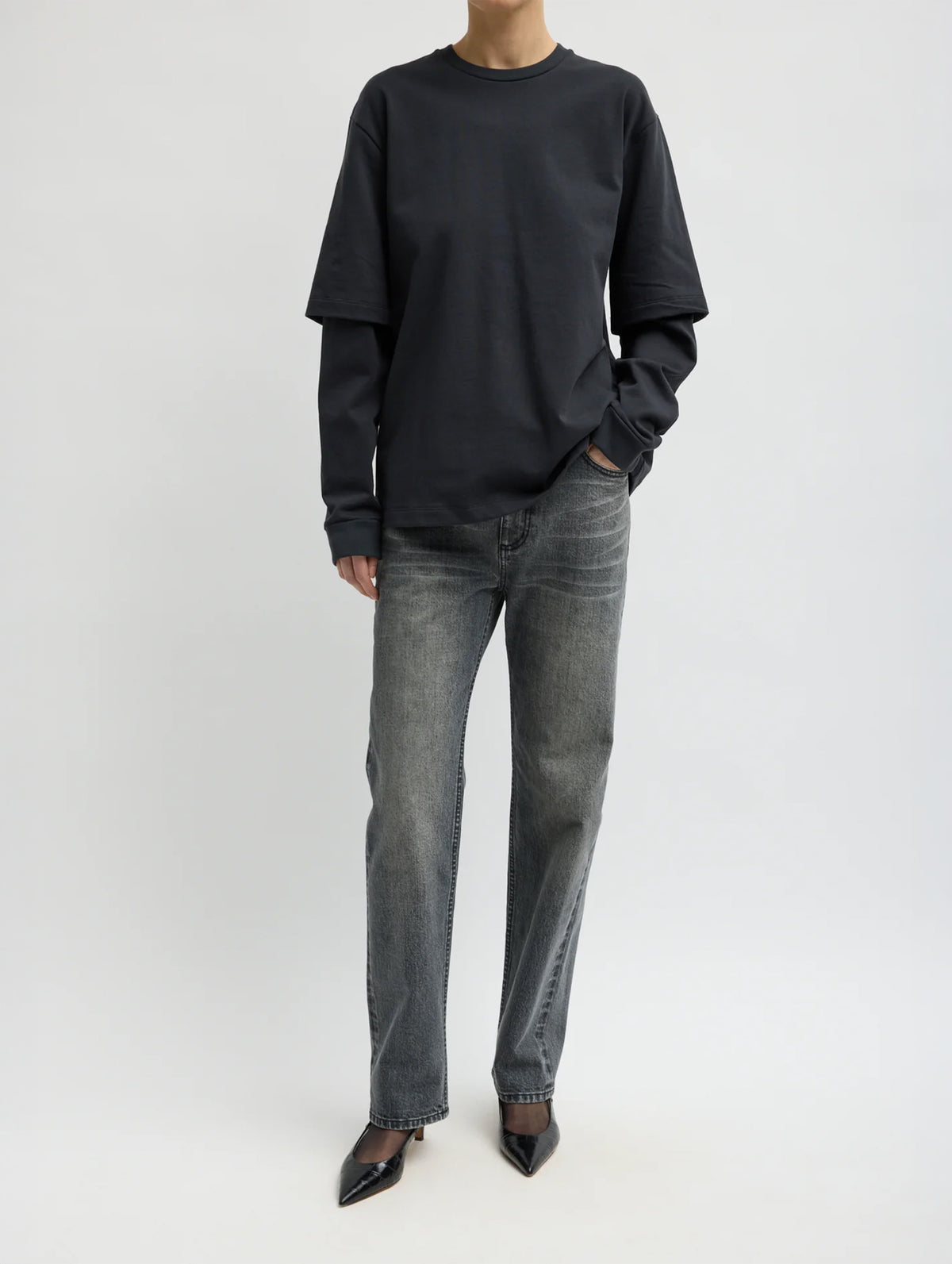 Perfect Unisex Double Layer Long Sleeve T-Shirt in Black