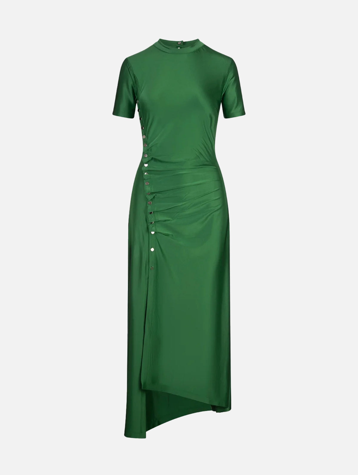 Stretch Asymmetric Satin Dress in Emerald