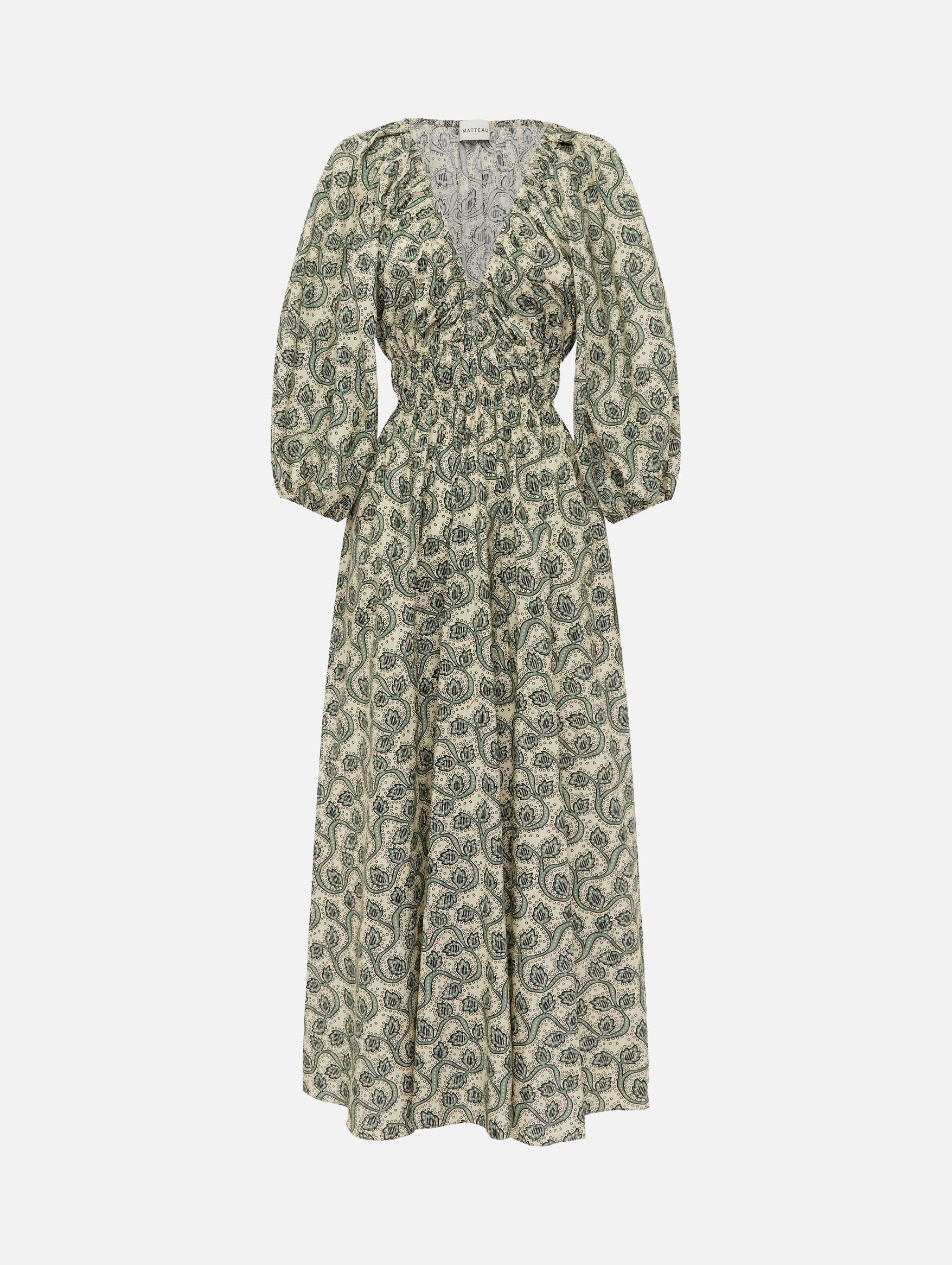 Shirred Plunge Button Dress in Vine