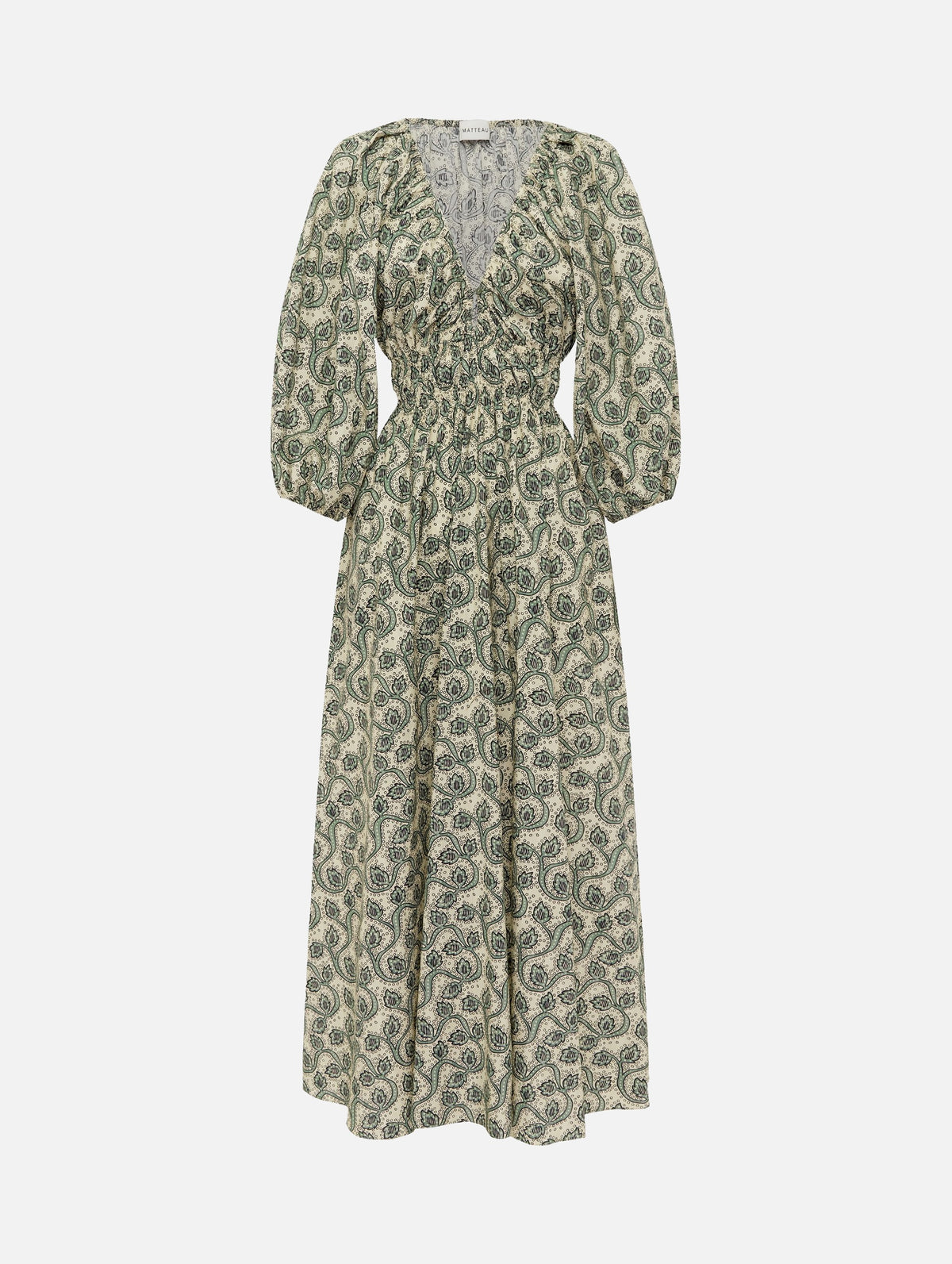 Shirred Plunge Button Dress in Vine