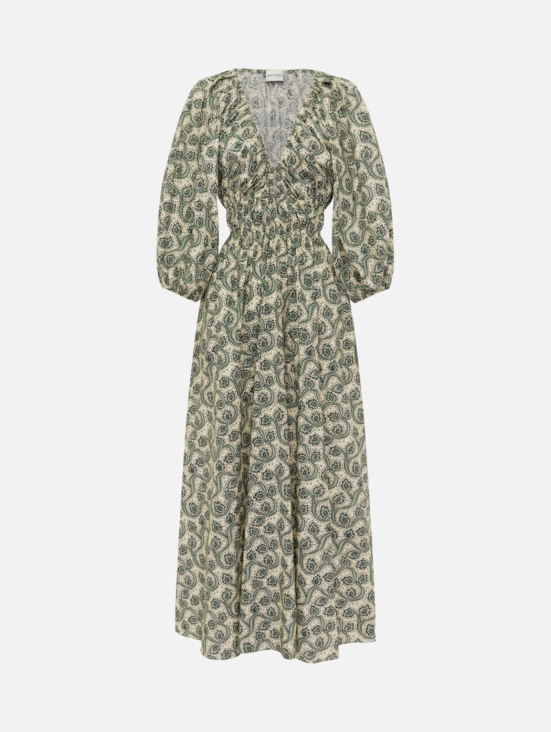 Shirred Plunge Button Dress in Vine