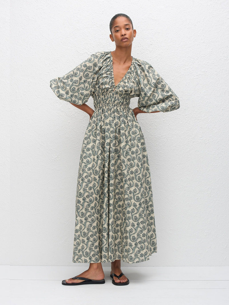 Shirred Plunge Button Dress in Vine