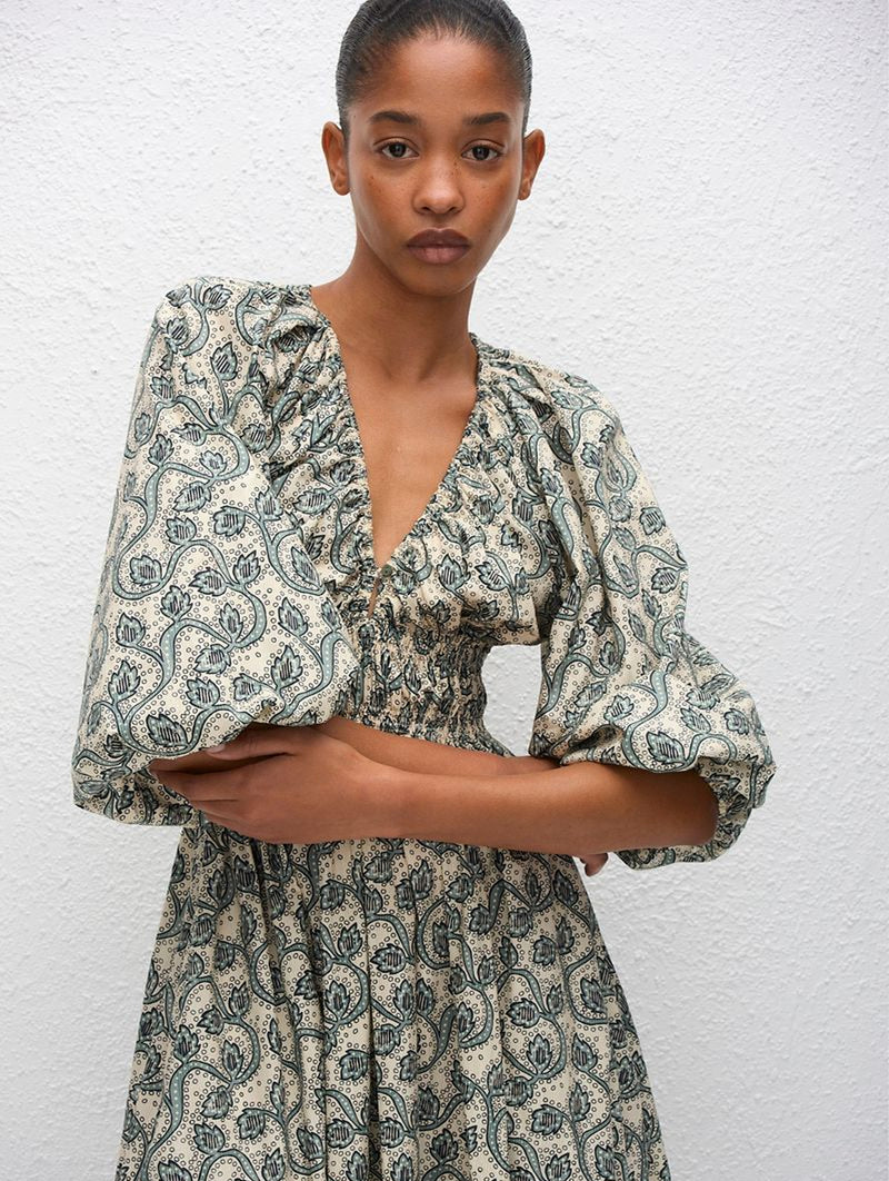 Shirred Plunge Button Dress in Vine