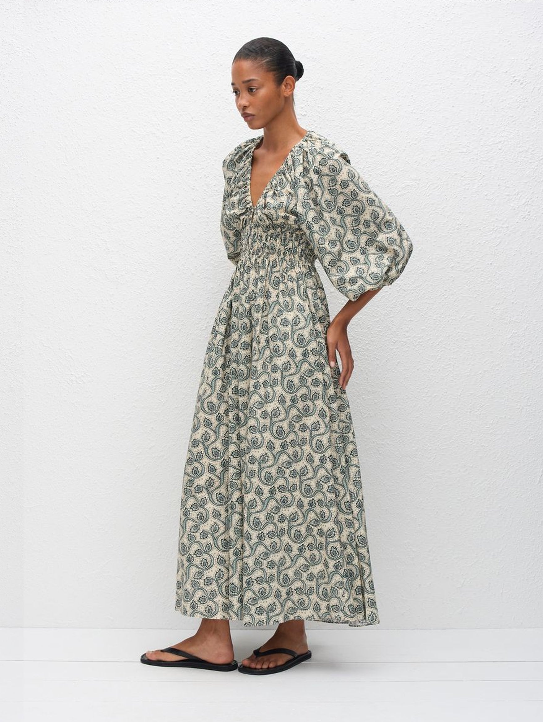 Shirred Plunge Button Dress in Vine