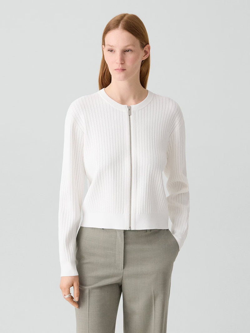 Pointelle Bomber Cardigan in White