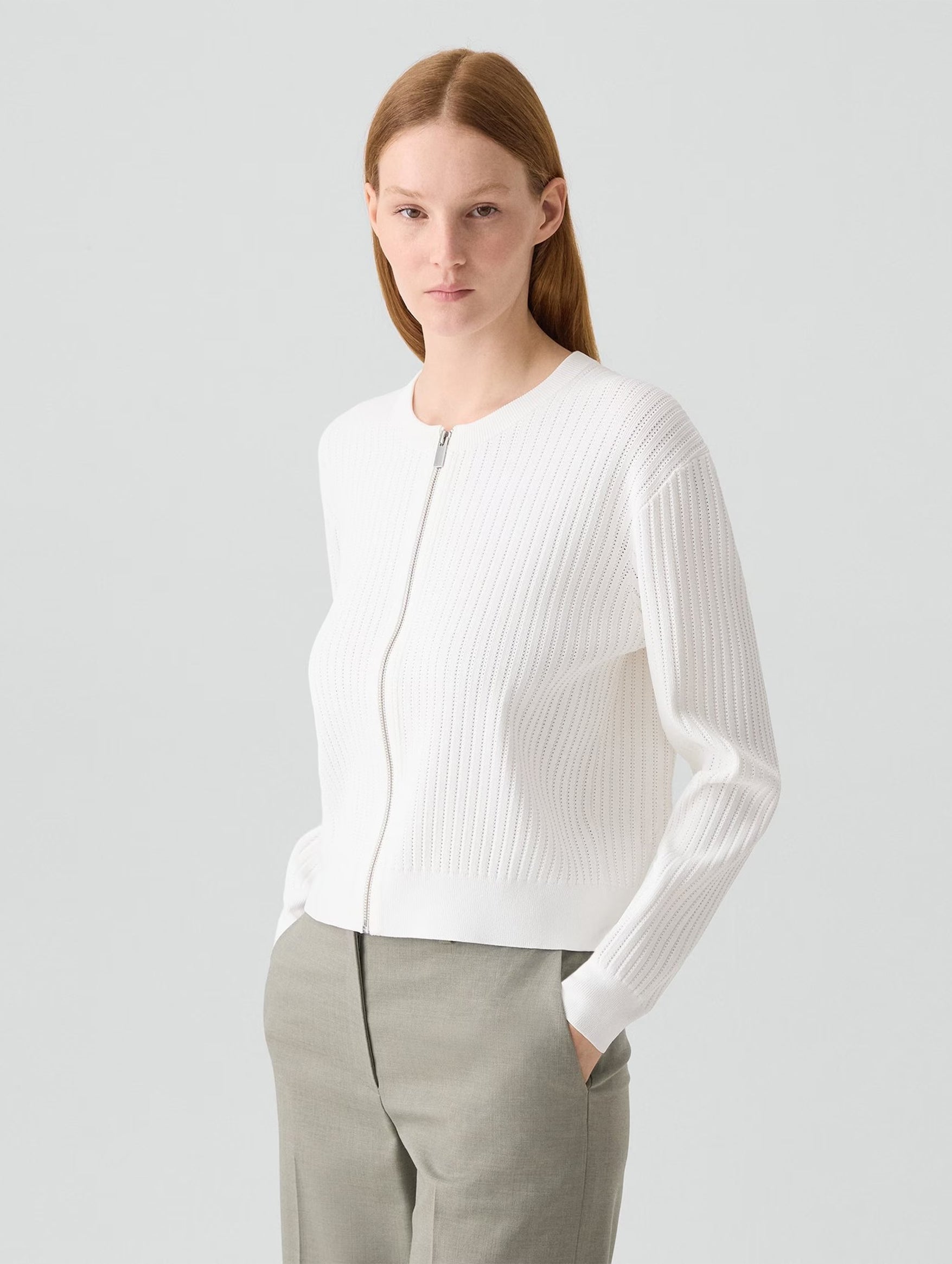 Pointelle Bomber Cardigan in White