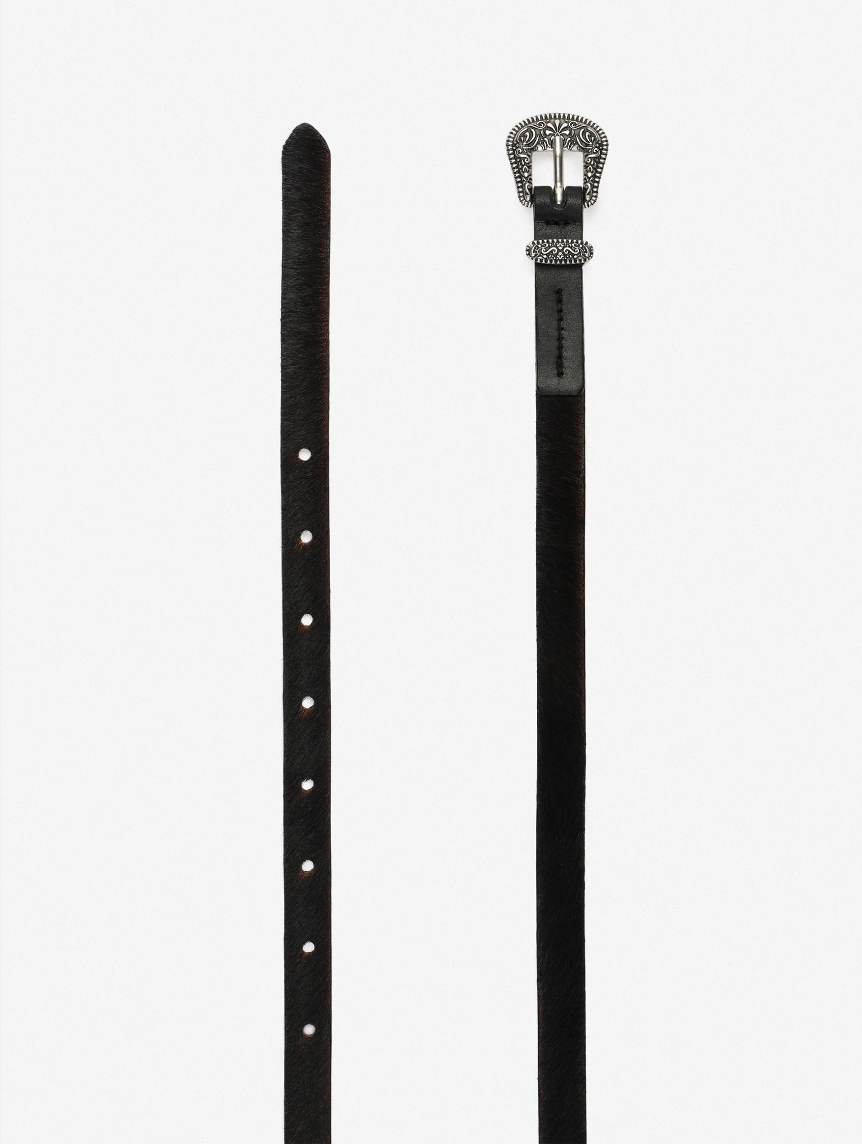 Pony Hair Leather Belt With Ornamental Buckle in Black