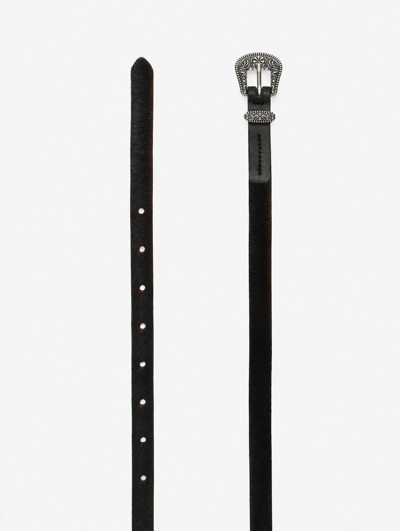 Pony Hair Leather Belt With Ornamental Buckle in Black