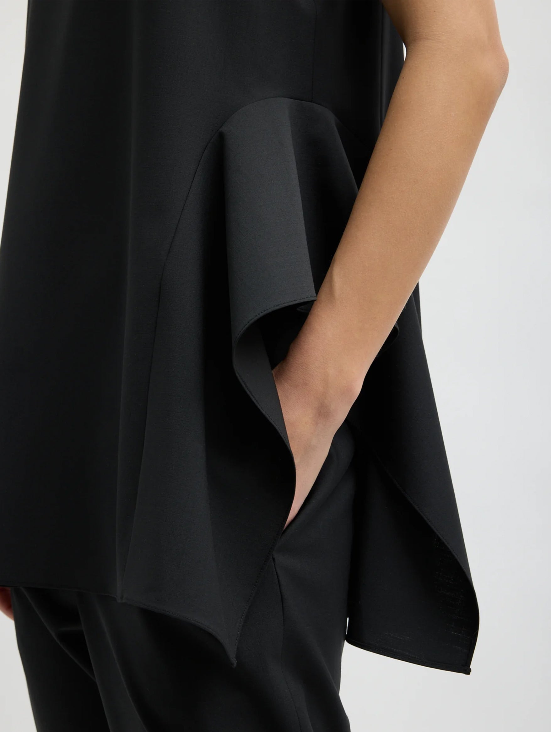 Recycled Tropical Wool Side Drape Top in Black