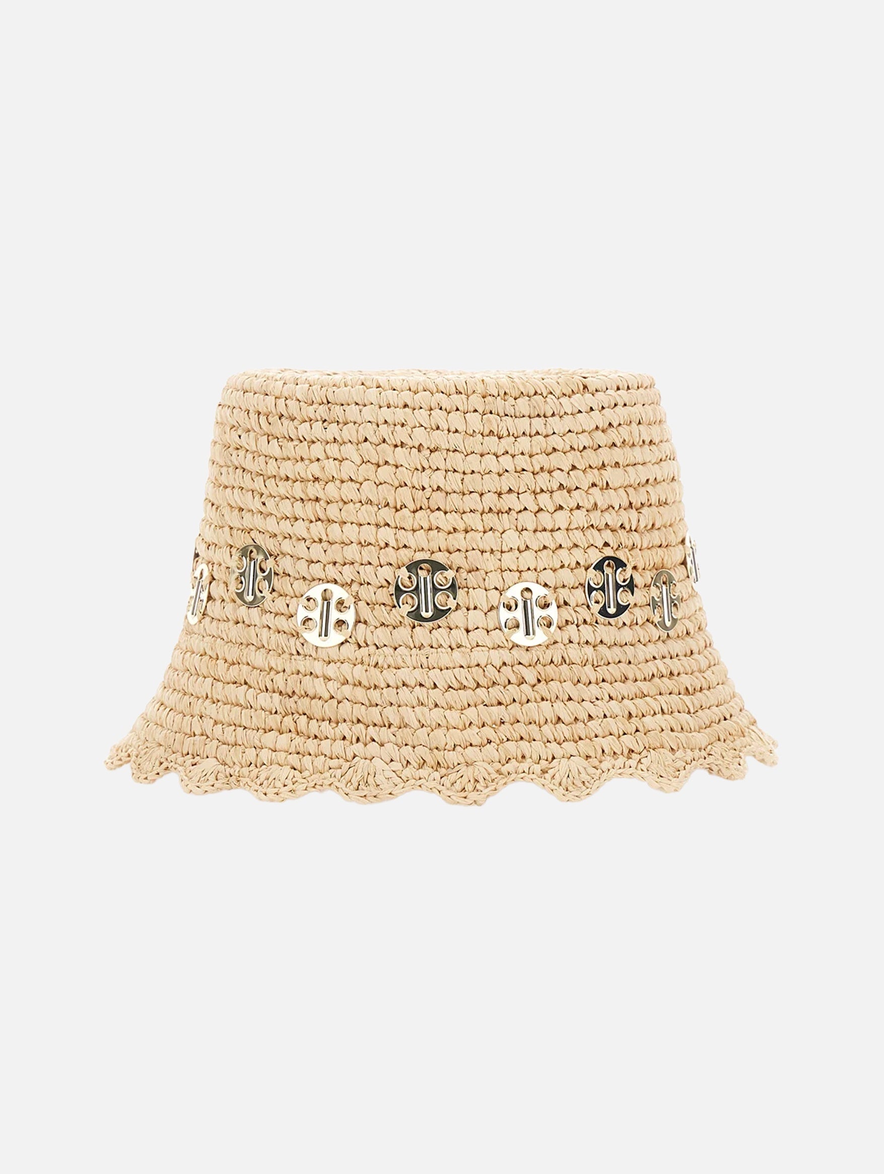 Embellished Raffia Bucket Hat in Beige