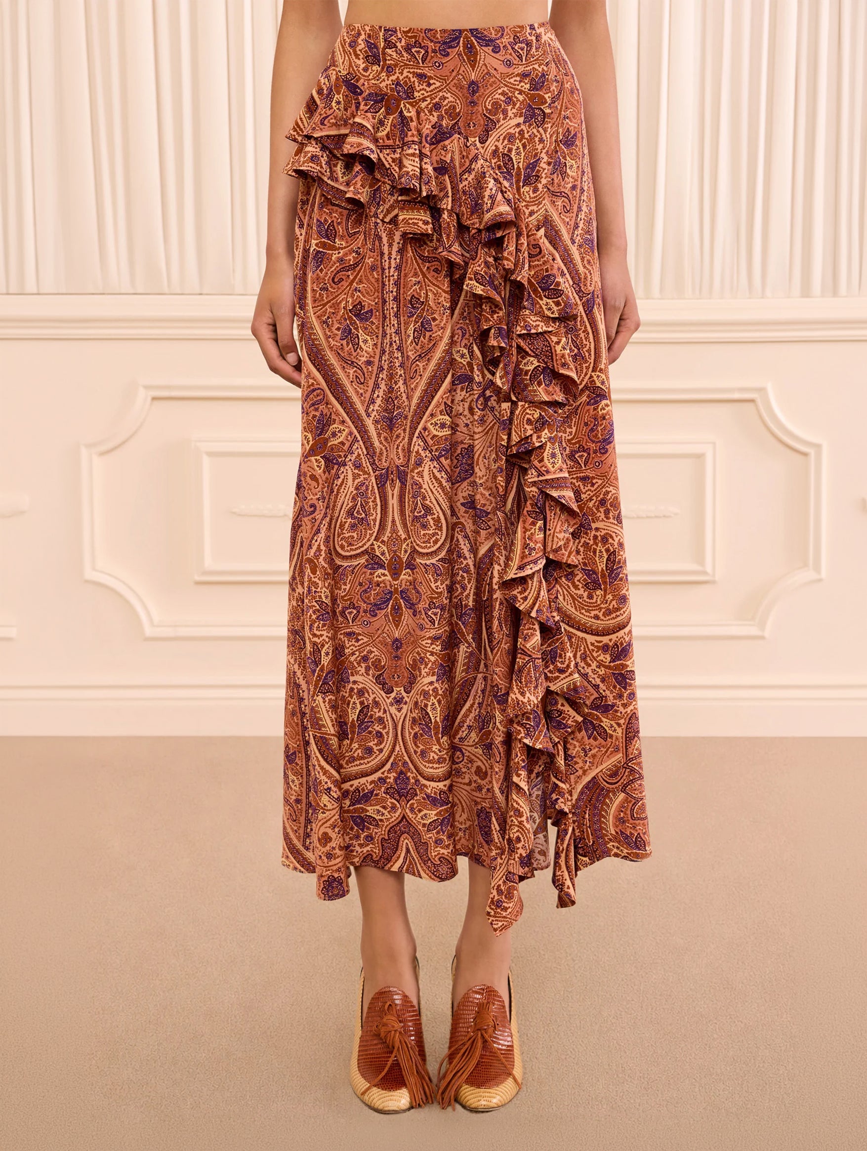 Riele Cascading Ruffle Silk Skirt in Rosette