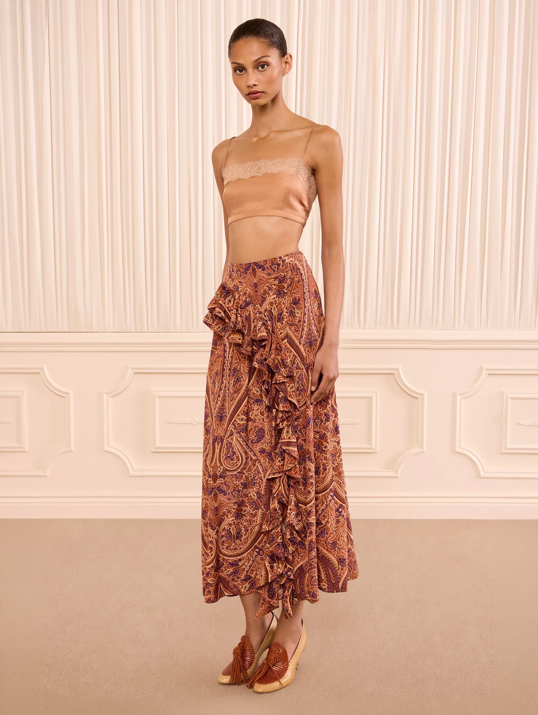 Riele Cascading Ruffle Silk Skirt in Rosette