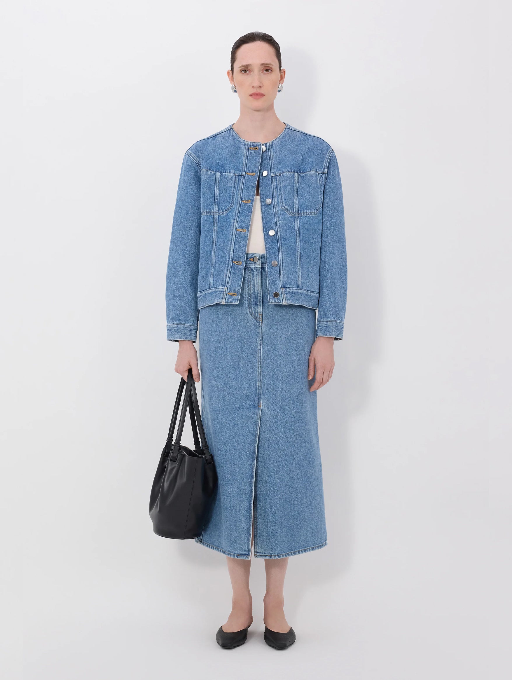 Rima Collarless Denim Jacket in Washed Light Blue