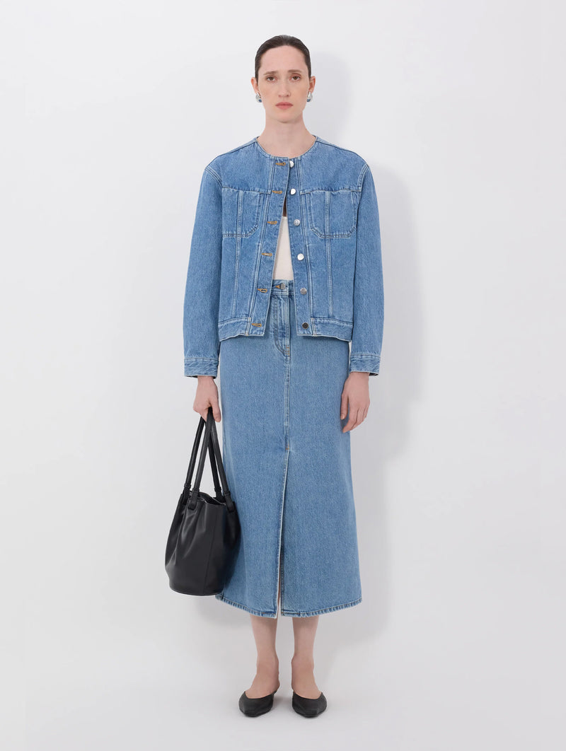 Rima Collarless Denim Jacket in Washed Light Blue