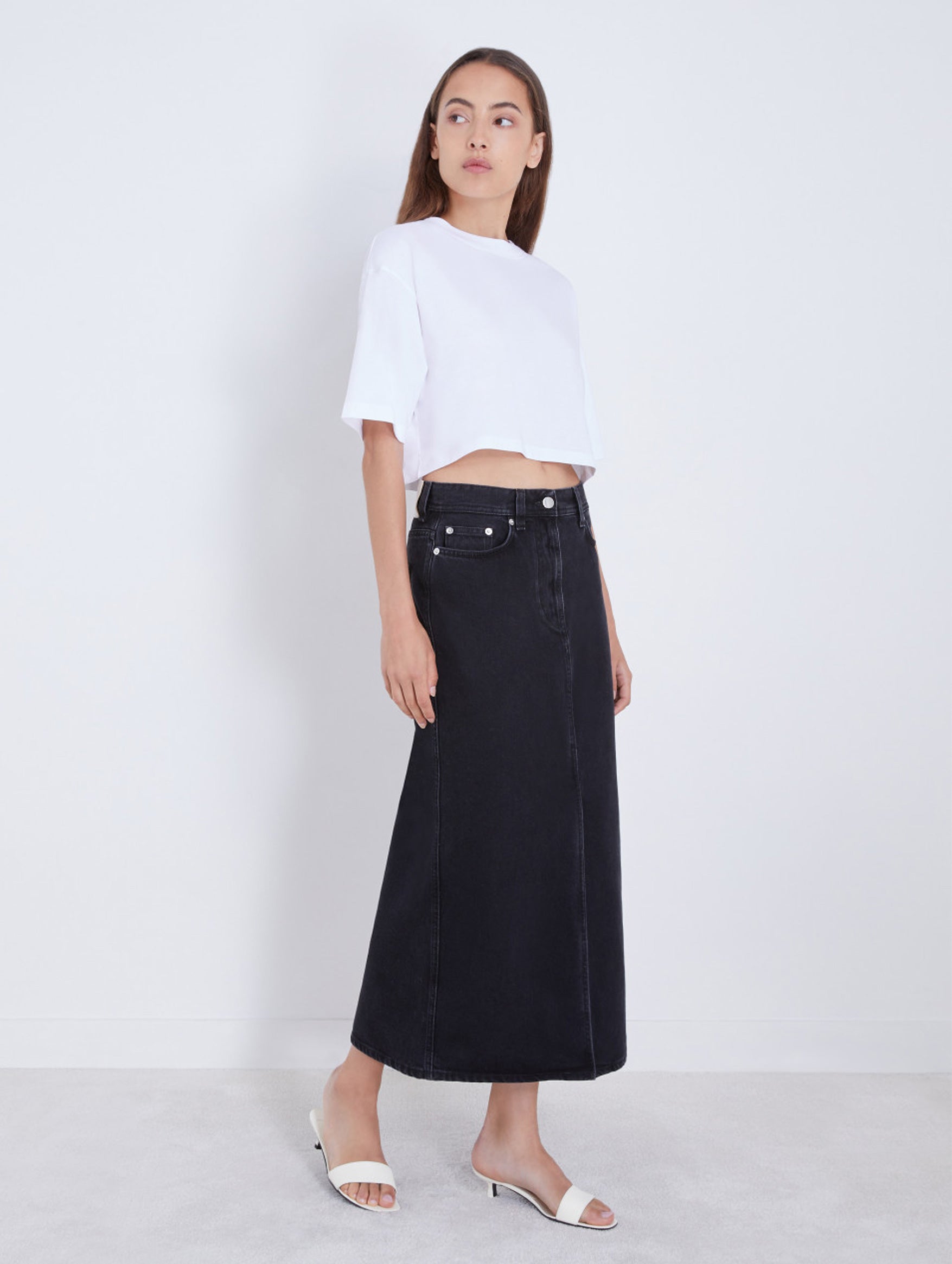 Rona Denim Long Skirt in Washed Grey