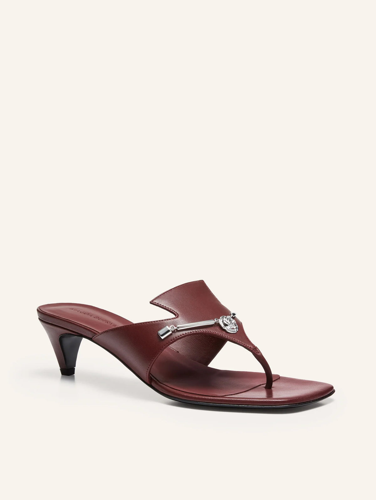 Rose Brooch Thong Sandals in Burgundy Leather