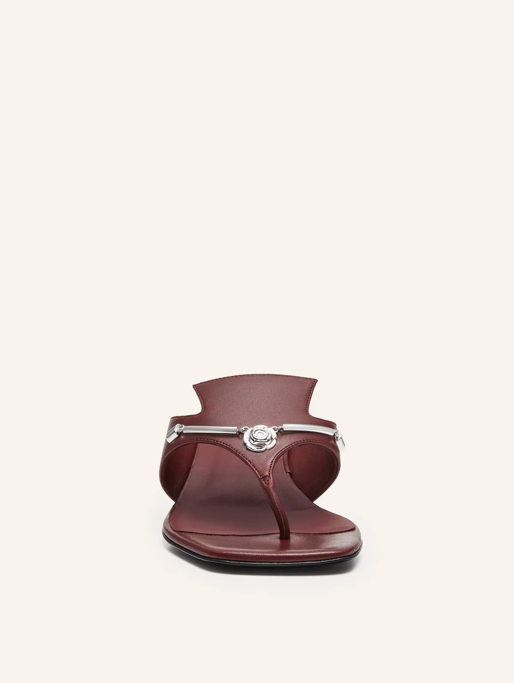 Rose Brooch Thong Sandals in Burgundy Leather