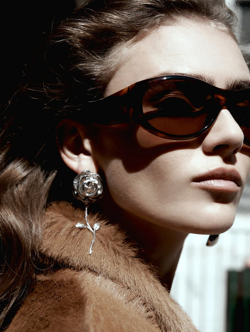 Rose Stem Earrings in Silver