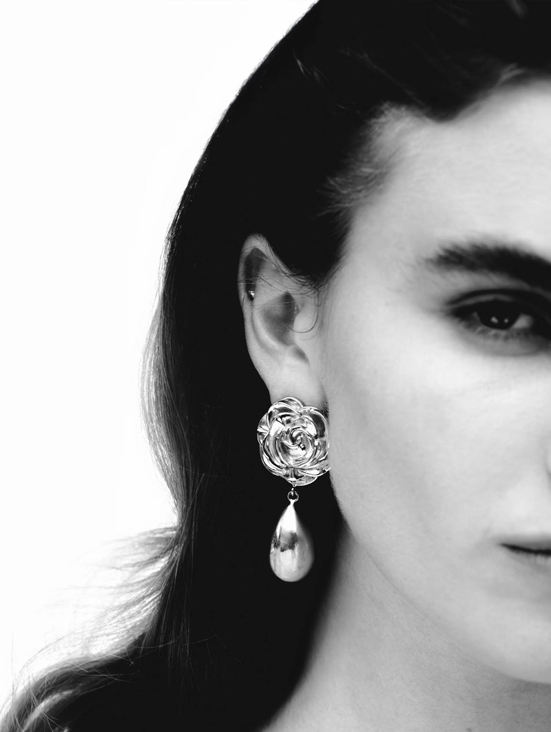 Rose Teardrop Earrings in Silver