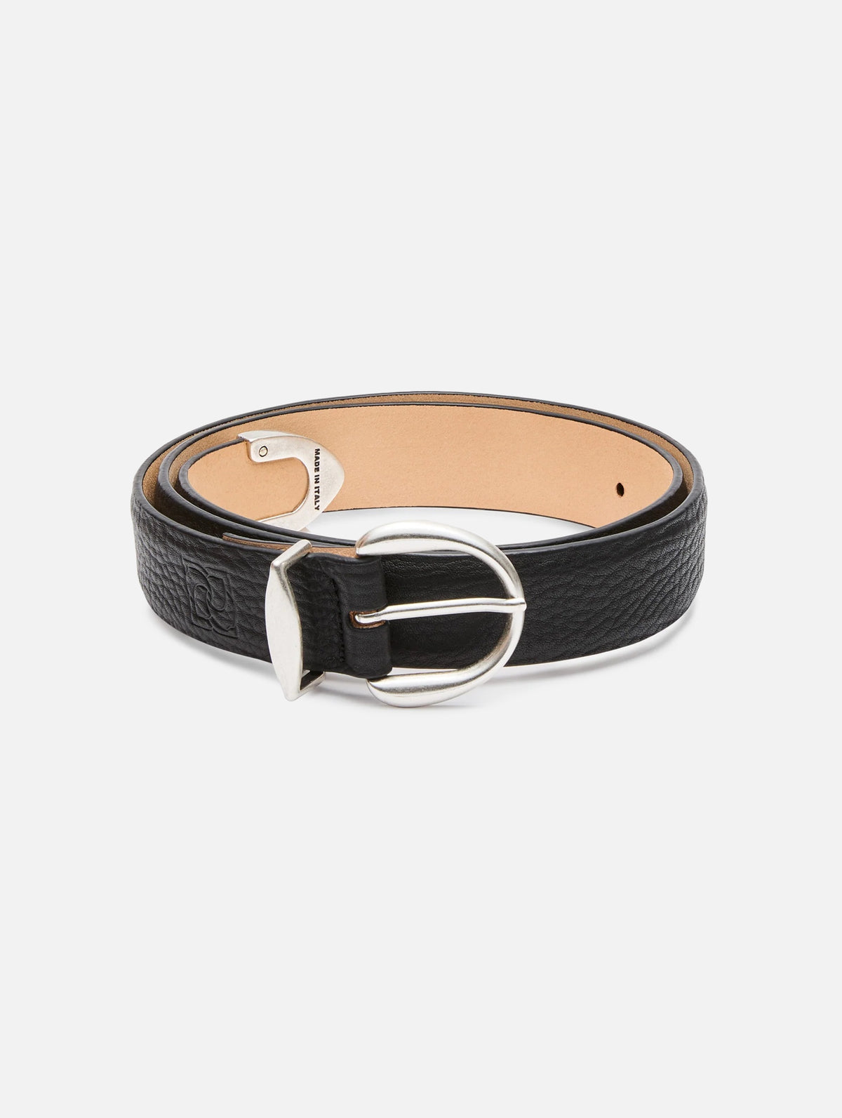 Rounded Buckle Leather Belt In Black And Silver