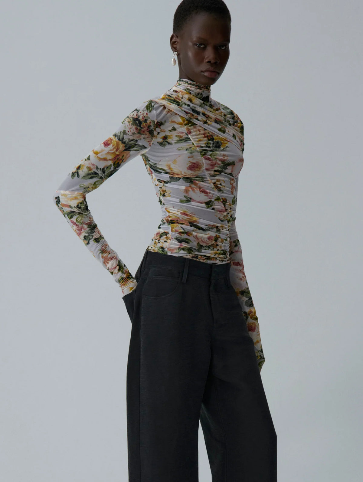 Ruched Cape-effect Top in Floral Print